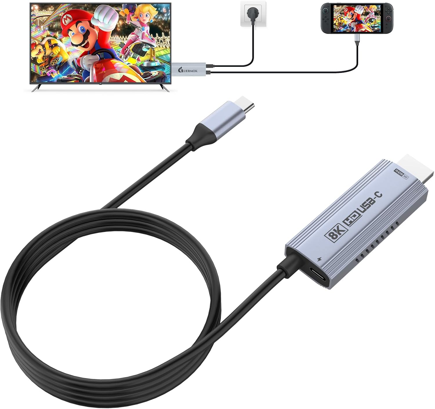 Guermok TV Mode Projection Cable for Switch 2, 67in, USB-C to HDMI Cable with HDR & ALLM, Supports 8K@60Hz, 4K@144Hz Output, PD100W, Works with iPad, Capture Cards, TVs, Steam (Silver)