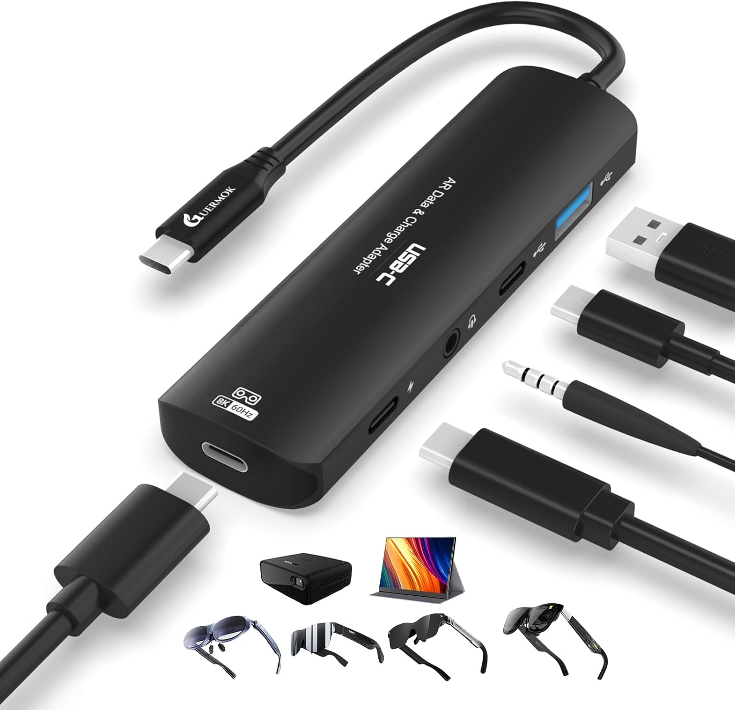 Guermok 5-in-1 USB-C to AR Glasses Adapter, 100W PD Fast Charging, 8K@60Hz Video, USB/USB-C Ports – Works with AR Glasses Devices, Handheld Consoles, Switch, USBC Phones and Laptops, Black