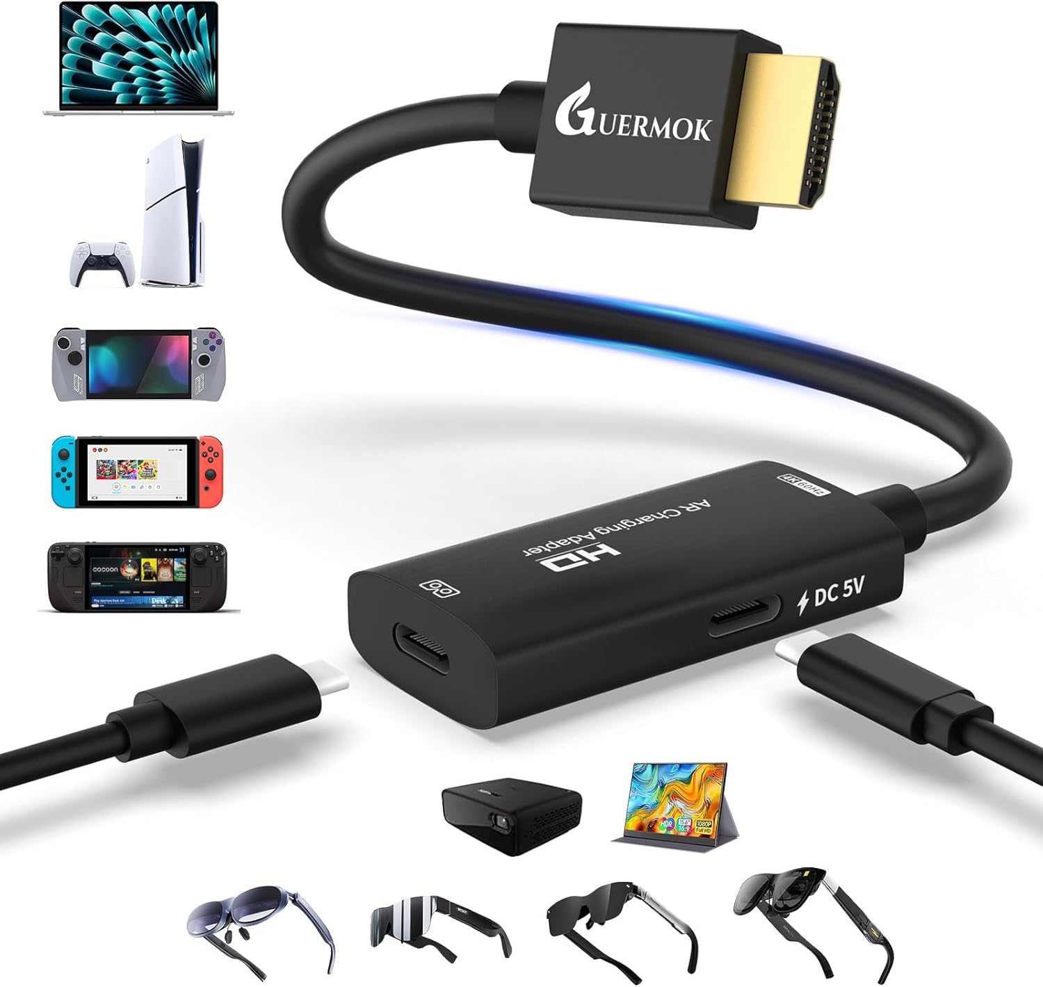 Guermok AR Glasses HDMI to USB-C Display Adapter, 4K@60Hz Play and Charge XR Converter with DC 5V, for XREAL One/Air 2 Pro/RayNeo/Rokid, Steam, Switch 2/1, PS5/4, Portable Monitors (Sliver)