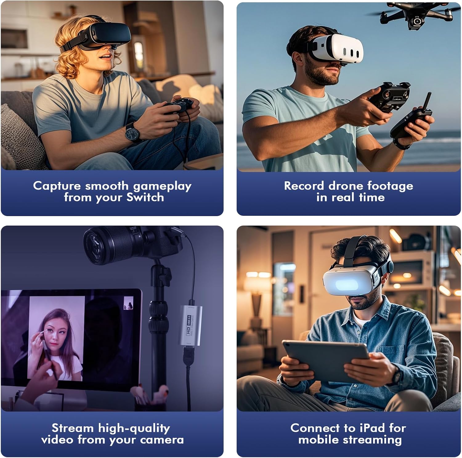 Guermok USB3.0 Video Capture Card for Streaming, PD100W, 90° USBC & Type C Adapter, 3.3ft 2K@30FPS 1080P@60FPS HDMI to USB A/C Capture Devices for Oculus /Quest3 /iPad/MacOS/Switch /PS5/4