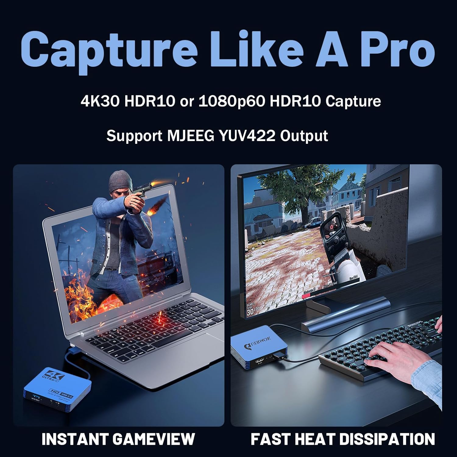 Guermok 4K Video Capture Card for Streaming, USB 3.0 HDMI to USB-C/A, 4K30Hz Passthrough 1080P60 Capture Device, HDMI Video Capture Card for Switch 2/1, Tablet, MacOS, Windows, Laptop, Camera