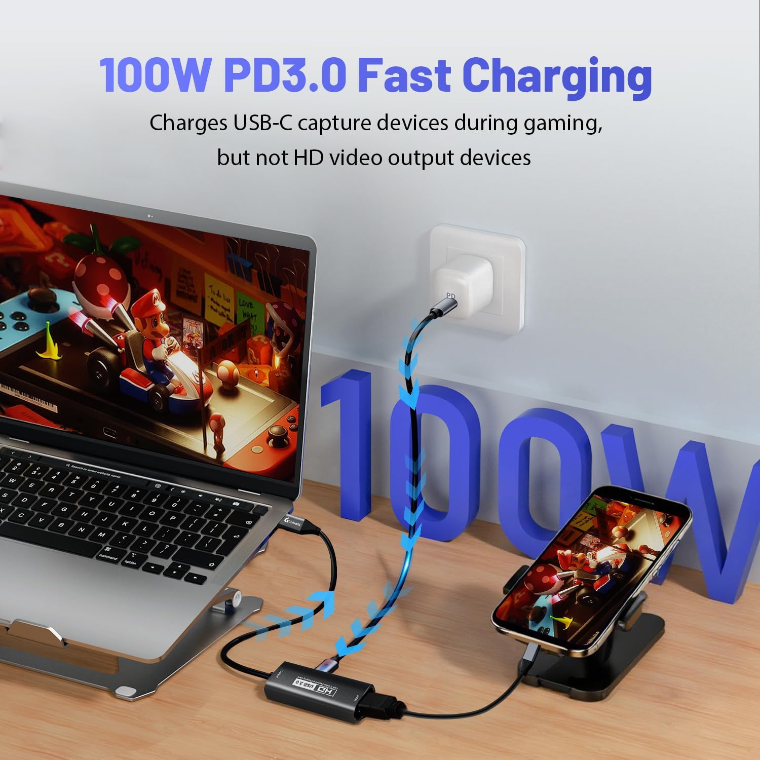 Guermok 4K USB3.0 Video Capture Card with PD 100W, 2K@30FPS or 1080P@60FPS HDMI to USB-A/C Capture Card for Streaming, Works with iPad Quest 3, Mac OS, Switch2/1 PS5/4, Xbox, Camera, Black