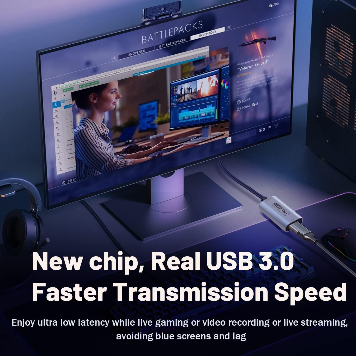 GUERMOK Video Capture Card, USB3.0 HDMI to USB-C Capture Device, Stream & Record at 2K@30FPS 1080P@60FPS, Compatible with iPad Mac OS Windows, Quest 3, OBS, Zoom, PS5/4, Switch, Xbox (Blue)