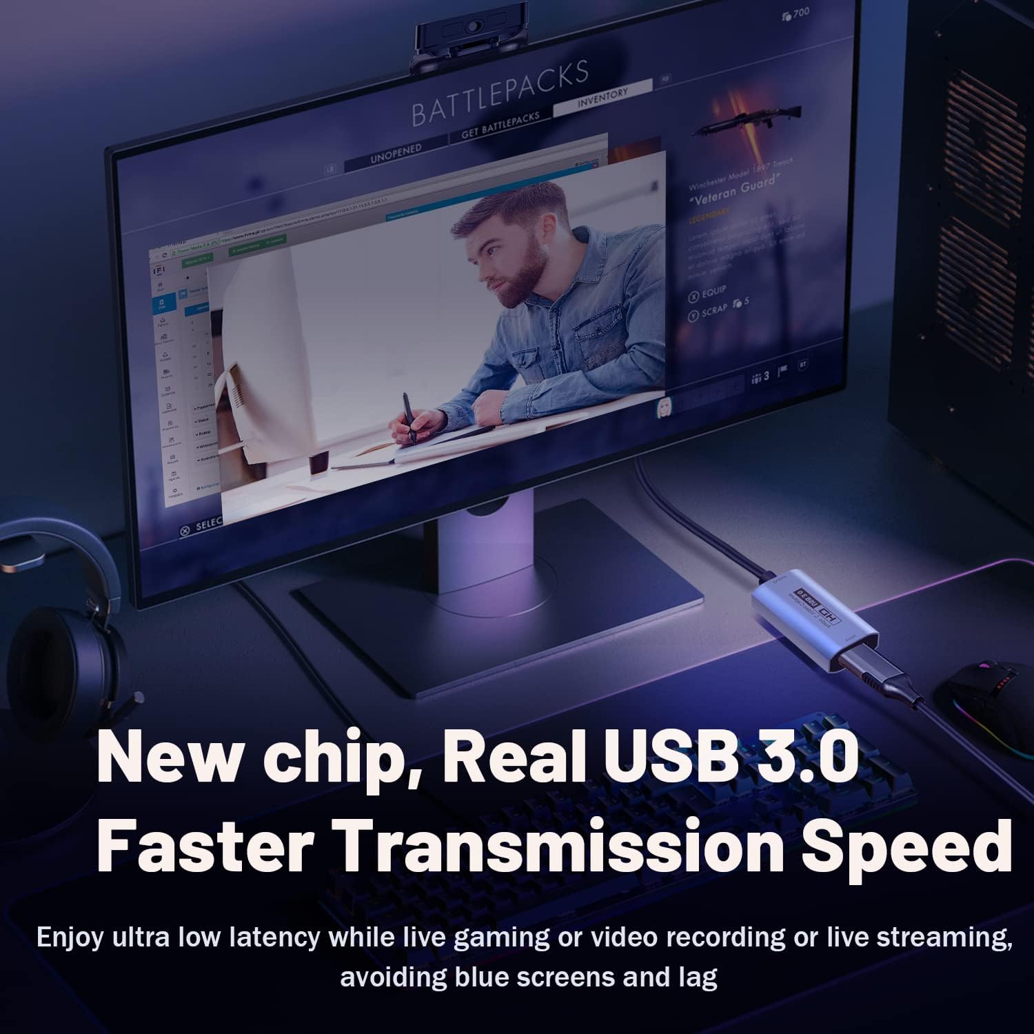 GUERMOK Video Capture Card, USB3.0 HDMI to USB-C Capture Device, Stream & Record at 2K@30FPS 1080P@60FPS, Compatible with iPad Mac OS Windows, Quest 3, OBS, Zoom, PS5/4, Switch, Xbox (Blue)