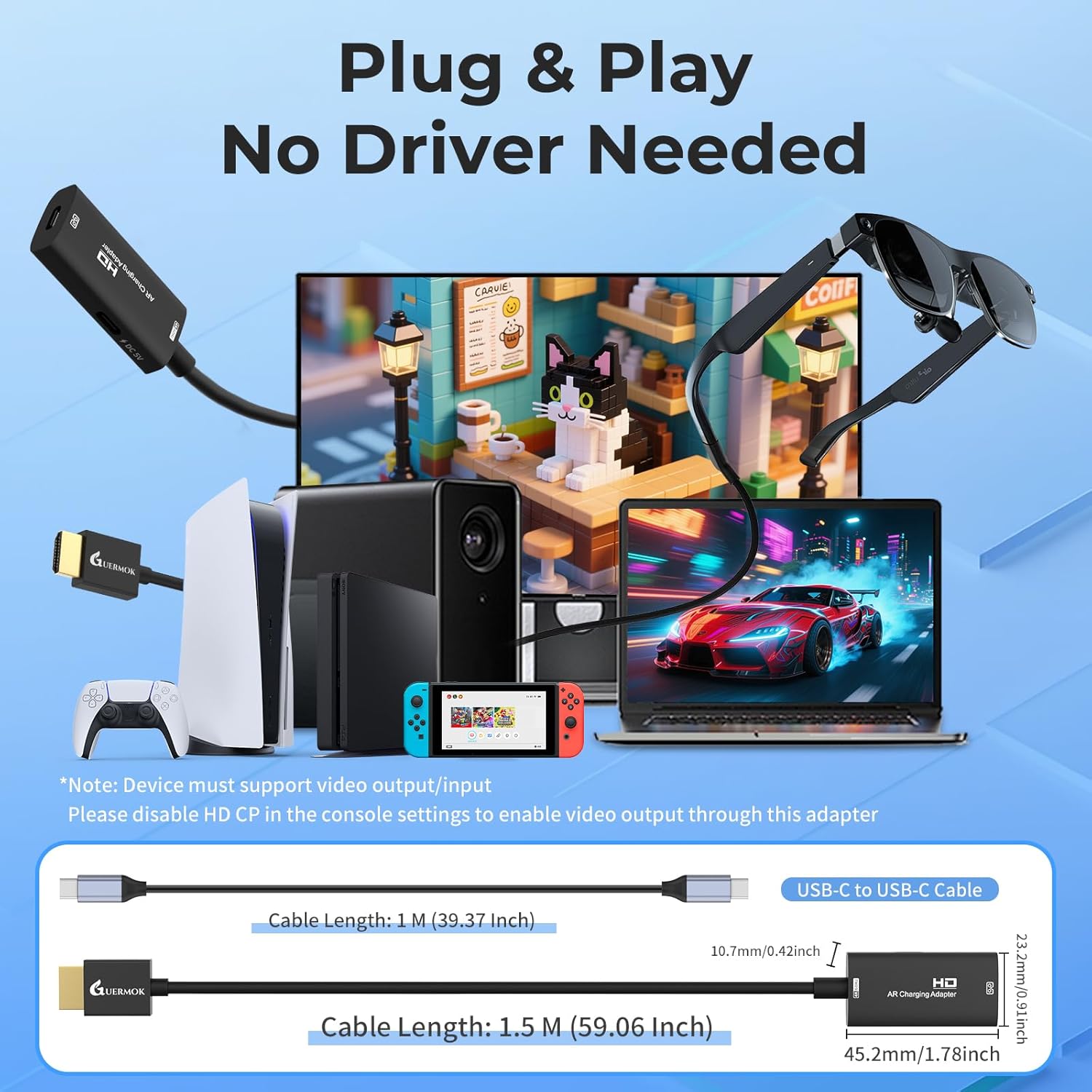 Guermok AR Glasses HDMI to USB-C Display Adapter, 4K@60Hz Play and Charge XR Converter with DC 5V, for XREAL One/Air 2 Pro/RayNeo/Rokid, Steam, Switch 2/1, PS5/4, Portable Monitors (Sliver)