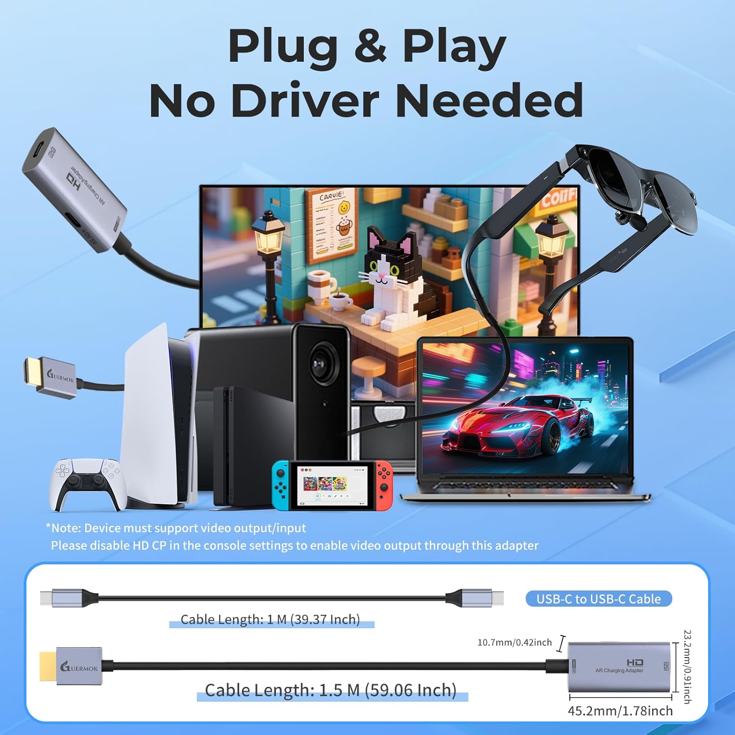Guermok AR Glasses HDMI to USB-C Display Adapter, 4K@60Hz Play and Charge XR Converter with DC 5V, for XREAL One/Air 2 Pro/RayNeo/Rokid, Steam, Switch 2/1, PS5/4, Portable Monitors (Sliver)