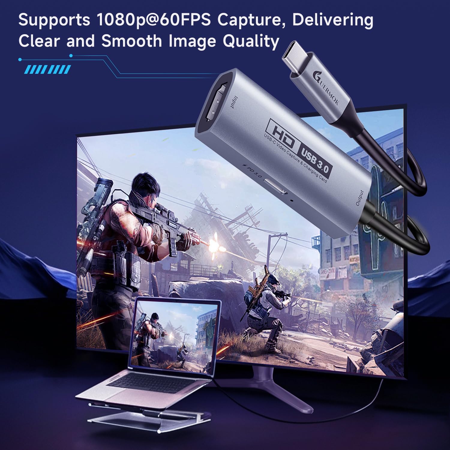 Guermok 4K USB3.0 Video Capture Card with PD 100W, 2K@30FPS or 1080P@60FPS HDMI to USB-A/C Capture Card for Streaming, Works with iPad Quest 3, Mac OS, Switch2/1 PS5/4, Xbox, Camera, Black