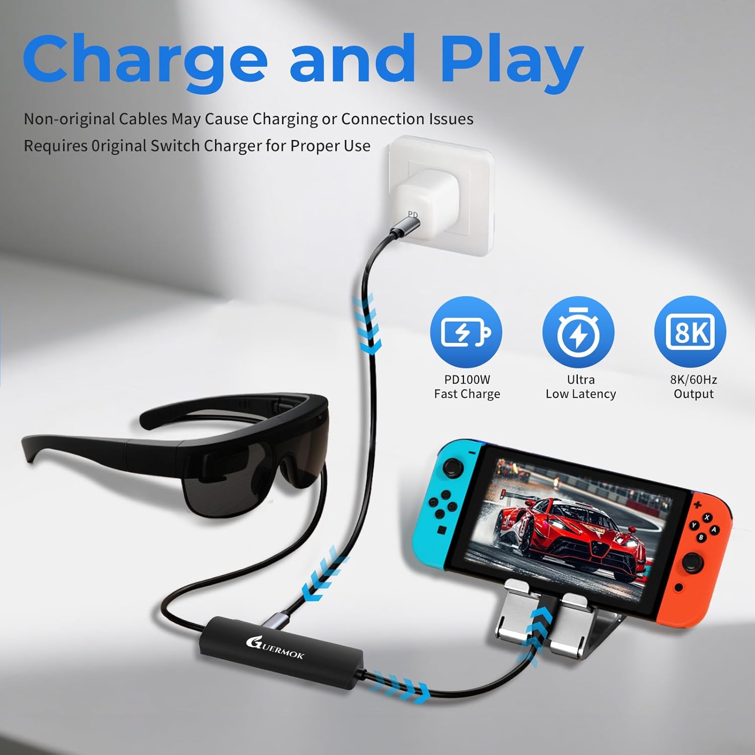 Guermok 5-in-1 USB-C to AR Glasses Adapter, 100W PD Fast Charging, 8K@60Hz Video, USB/USB-C Ports – Works with AR Glasses Devices, Handheld Consoles, Switch, USBC Phones and Laptops, Black
