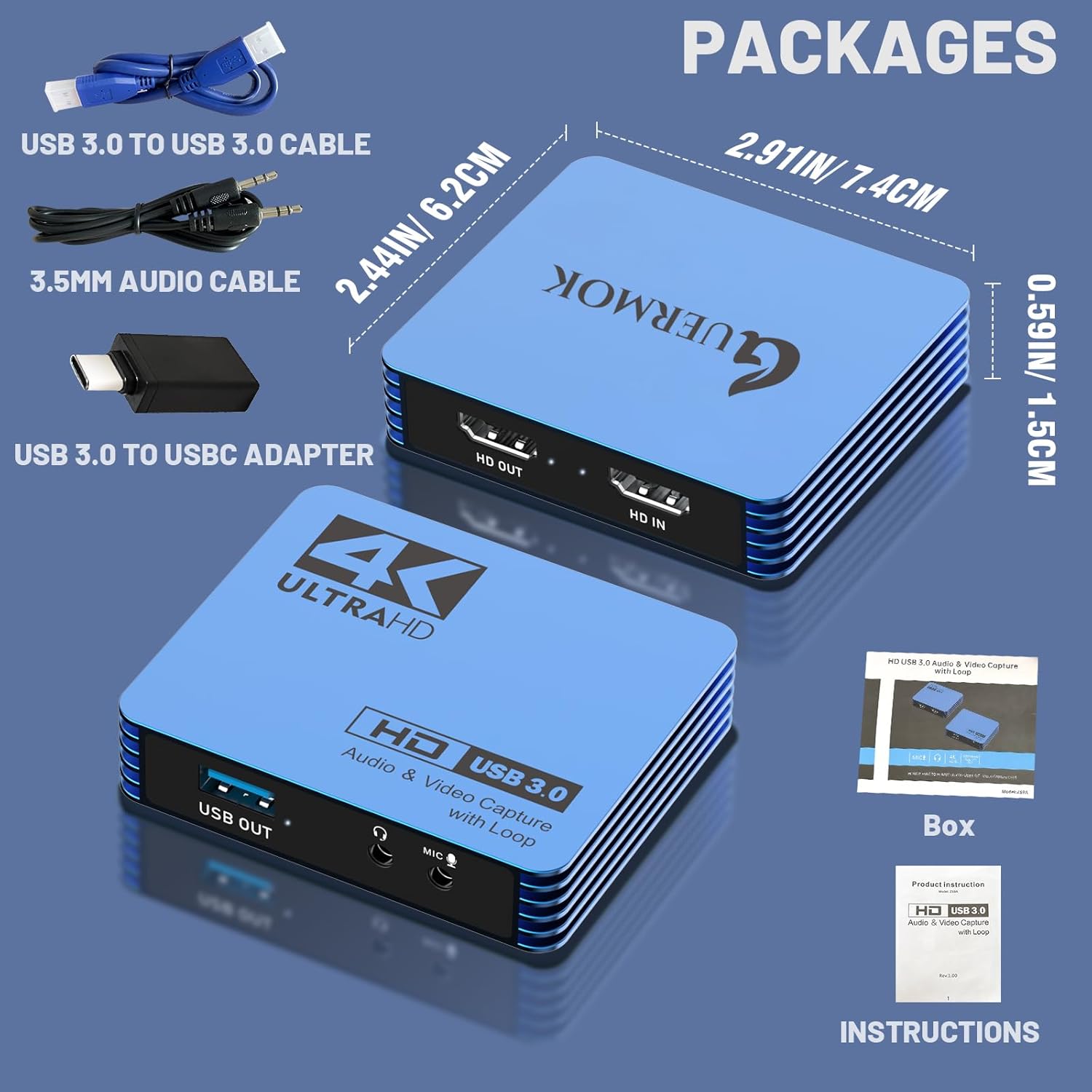 Guermok 4K Video Capture Card for Streaming, USB 3.0 HDMI to USB-C/A, 4K30Hz Passthrough 1080P60 Capture Device, HDMI Video Capture Card for Switch 2/1, Tablet, MacOS, Windows, Laptop, Camera