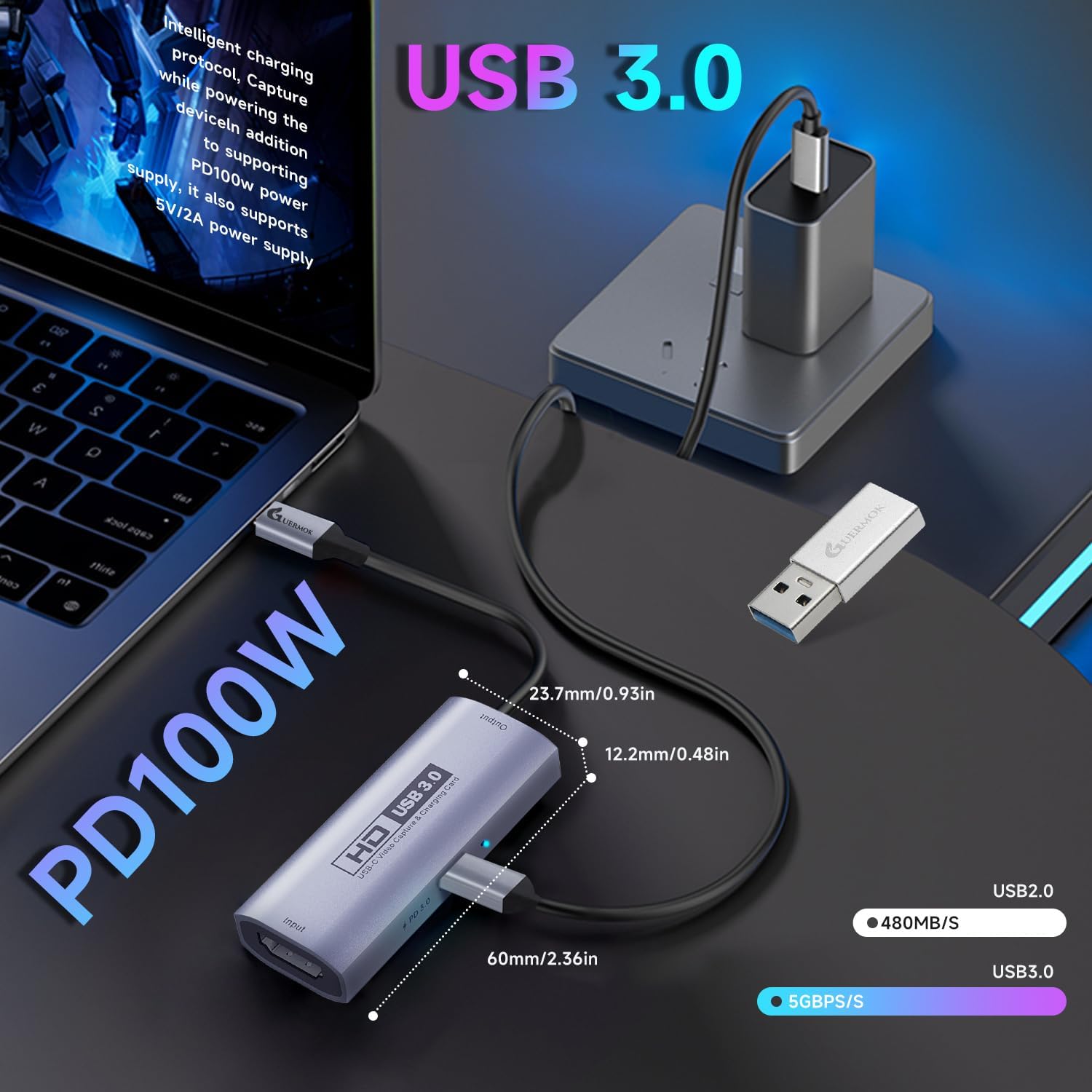 Guermok USB3.0 Video Capture Card for Streaming, PD100W, 90° USBC & Type C Adapter, 3.3ft 2K@30FPS 1080P@60FPS HDMI to USB A/C Capture Devices for Oculus /Quest3 /iPad/MacOS/Switch /PS5/4