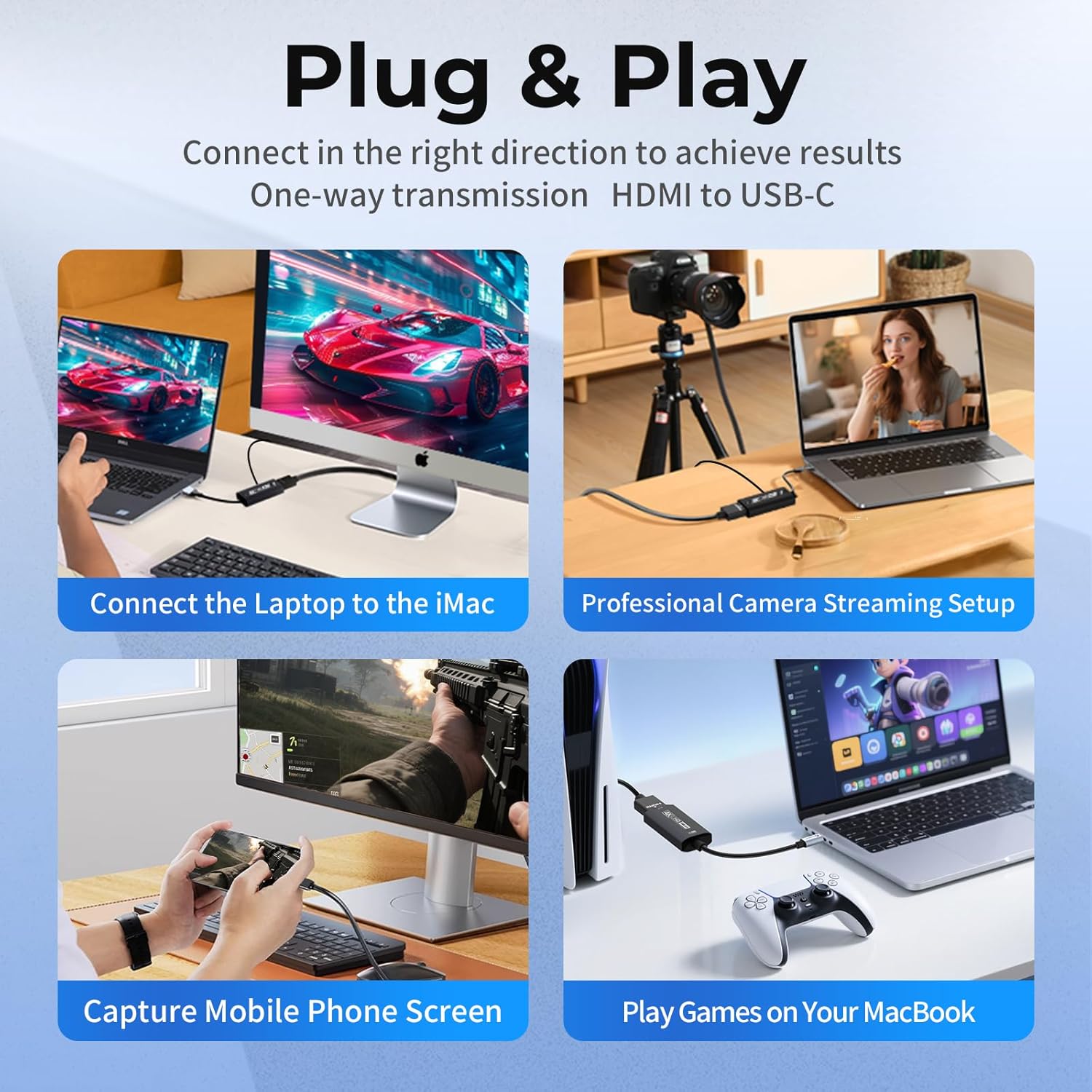 Guermok USB3.0 Video Capture Card for Streaming, PD100W, 90° USBC & Type C Adapter, 3.3ft 2K@30FPS 1080P@60FPS HDMI to USB A/C Capture Devices for Oculus /Quest3 /iPad/MacOS/Switch /PS5/4
