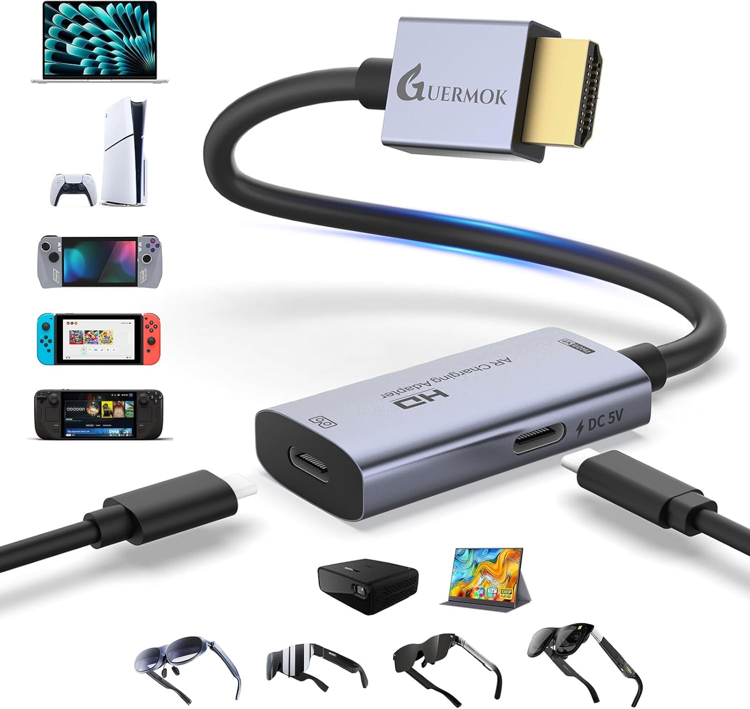 Guermok AR Glasses HDMI to USB-C Display Adapter, 4K@60Hz Play and Charge XR Converter with DC 5V, for XREAL One/Air 2 Pro/RayNeo/Rokid, Steam, Switch 2/1, PS5/4, Portable Monitors (Sliver)