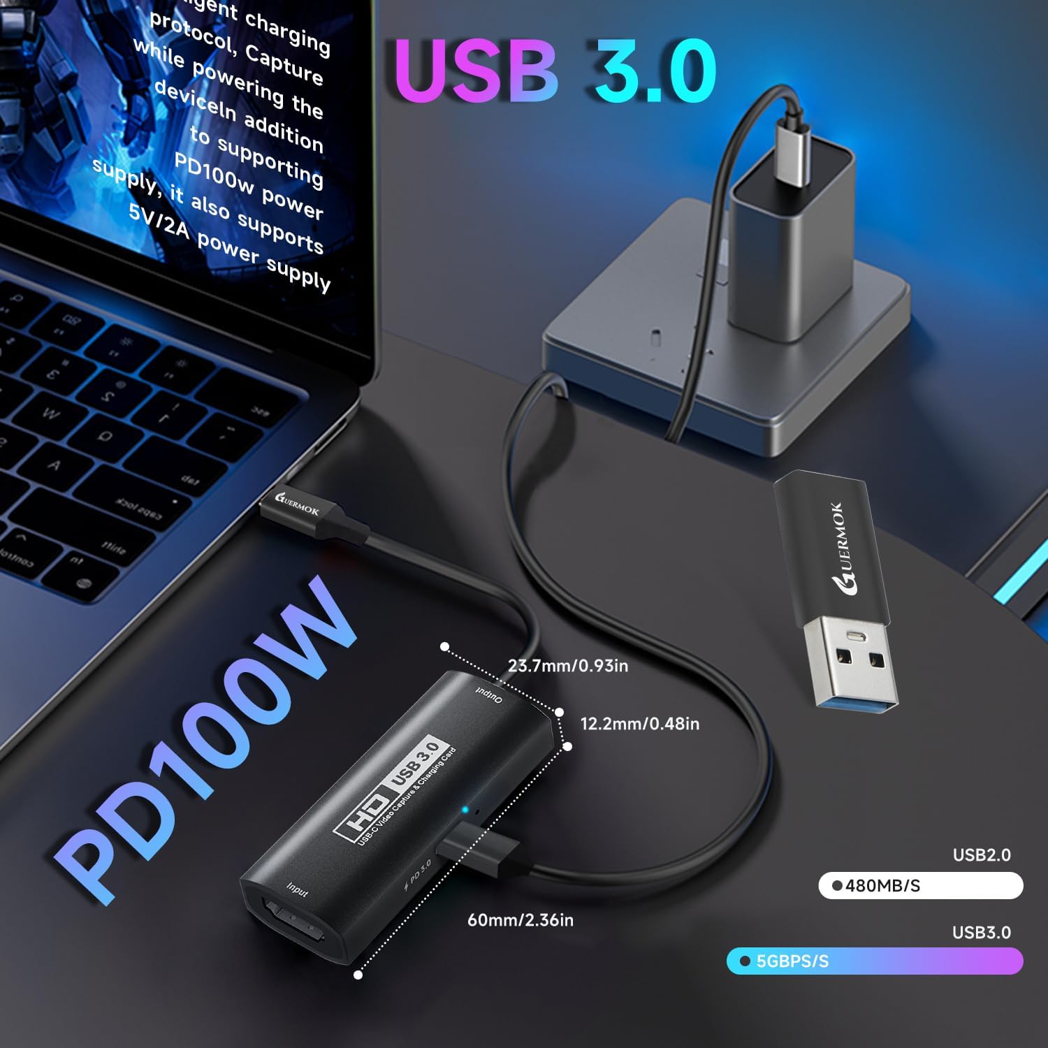 Guermok USB3.0 Video Capture Card for Streaming, PD100W, 90° USBC & Type C Adapter, 3.3ft 2K@30FPS 1080P@60FPS HDMI to USB A/C Capture Devices for Oculus /Quest3 /iPad/MacOS/Switch /PS5/4