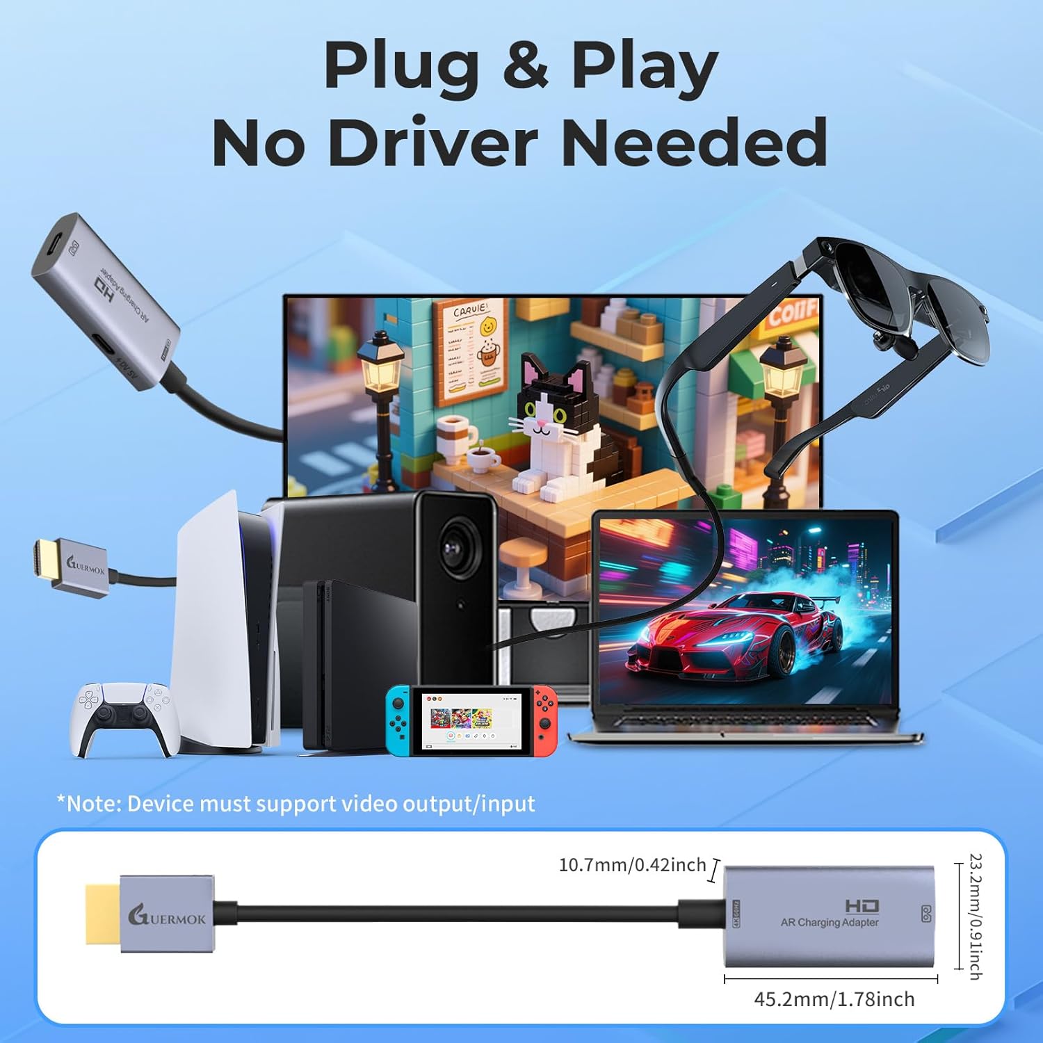 Guermok AR Glasses HDMI to USB-C Display Adapter, 4K@60Hz Play and Charge XR Converter with DC 5V, for XREAL One/Air 2 Pro/RayNeo/Rokid, Steam, Switch 2/1, PS5/4, Portable Monitors (Sliver)