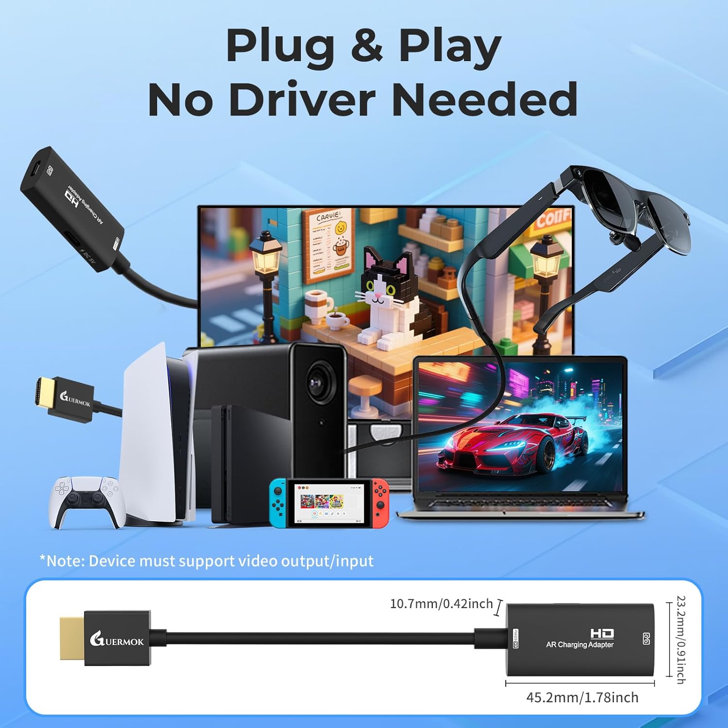 Guermok AR Glasses HDMI to USB-C Display Adapter, 4K@60Hz Play and Charge XR Converter with DC 5V, for XREAL One/Air 2 Pro/RayNeo/Rokid, Steam, Switch 2/1, PS5/4, Portable Monitors (Sliver)