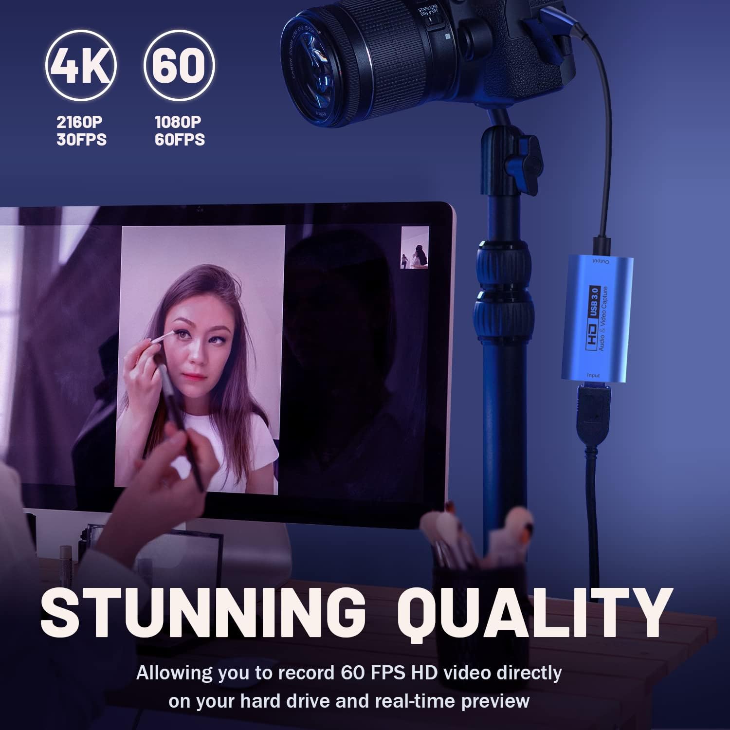 GUERMOK Video Capture Card, USB3.0 HDMI to USB-C Capture Device, Stream & Record at 2K@30FPS 1080P@60FPS, Compatible with iPad Mac OS Windows, Quest 3, OBS, Zoom, PS5/4, Switch, Xbox (Blue)