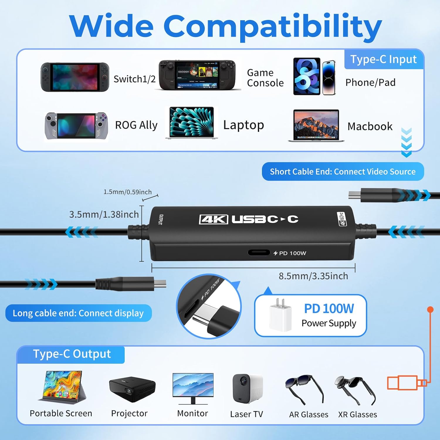 Guermok TV Dock Cable for Switch 2, 6.56ft USBC to USB C Video Adapter with PD 100W Charging, Compatible with AR Glasses, Portable Monitors, USB-C Displays, and Studio Display