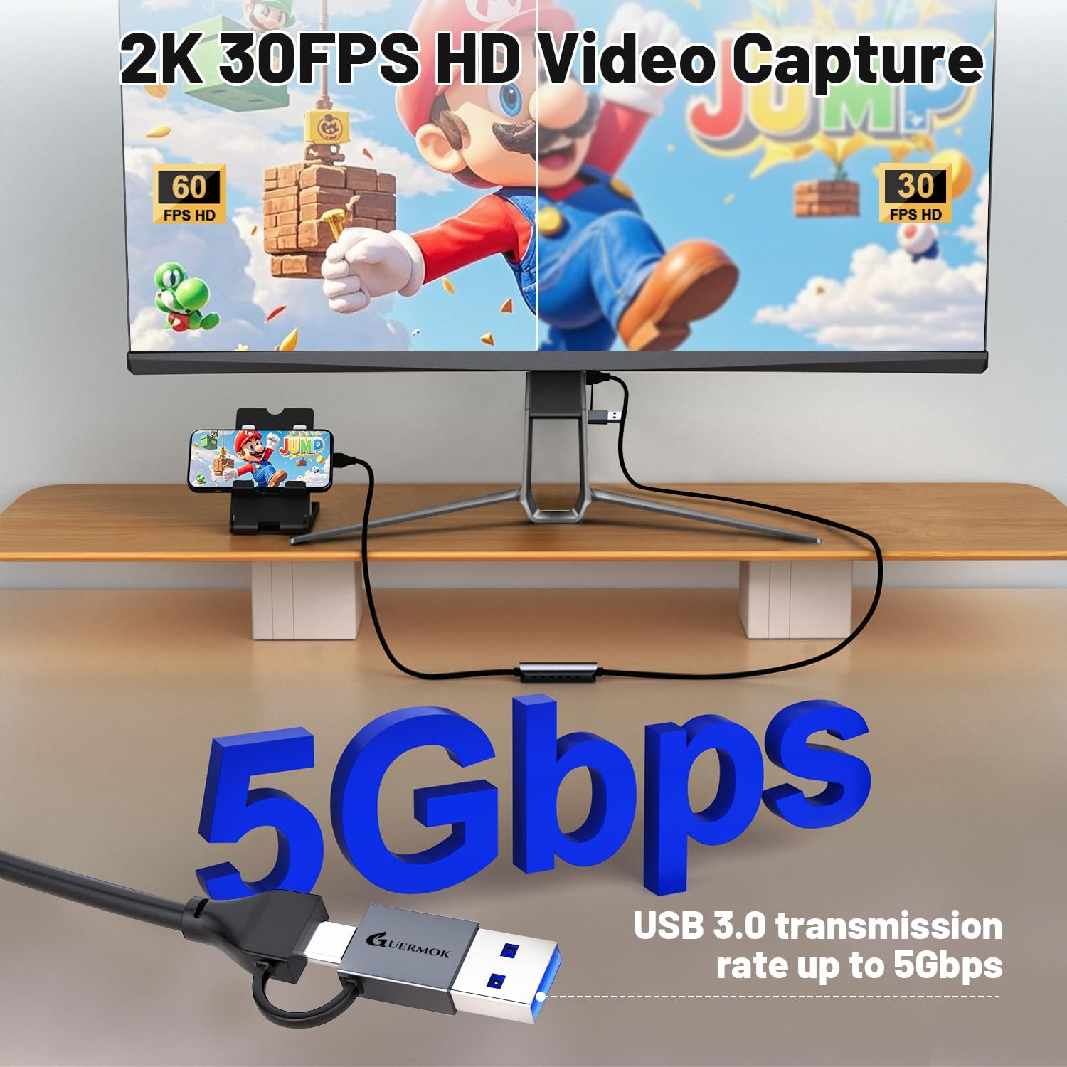 Guermok USB C Video Capture Card, 1080P@60FPS PD100W Fast Charge Type C to USB-A/C USB3.0 Capture Device for Quest 3, for iPad Phone MacOS Switch Steam PC for Gaming & Streaming