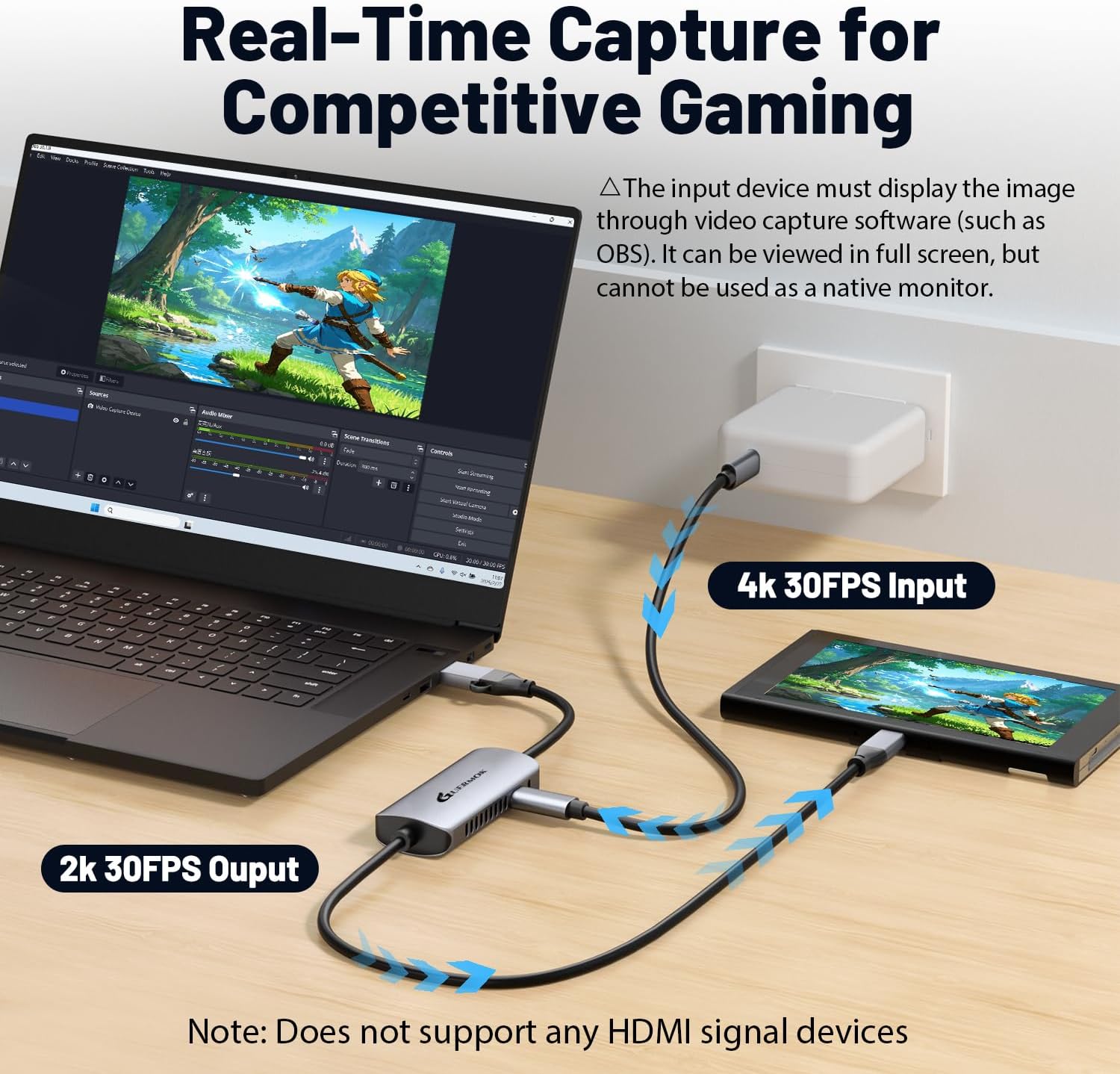 Guermok USB C Video Capture Card, 1080P@60FPS PD100W Fast Charge Type C to USB-A/C USB3.0 Capture Device for Quest 3, for iPad Phone MacOS Switch Steam PC for Gaming & Streaming