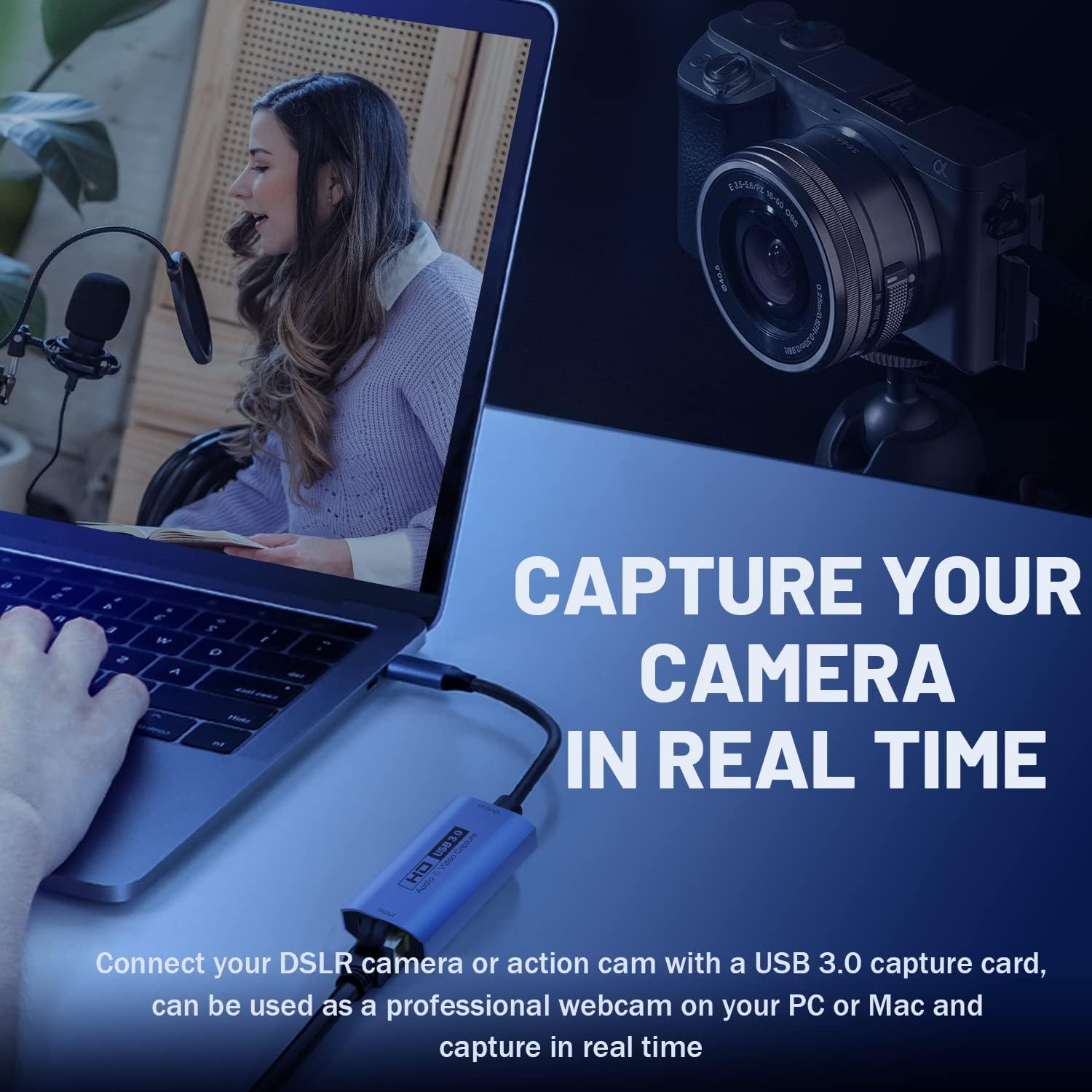 GUERMOK Video Capture Card, USB3.0 HDMI to USB-C Capture Device, Stream & Record at 2K@30FPS 1080P@60FPS, Compatible with iPad Mac OS Windows, Quest 3, OBS, Zoom, PS5/4, Switch, Xbox (Blue)