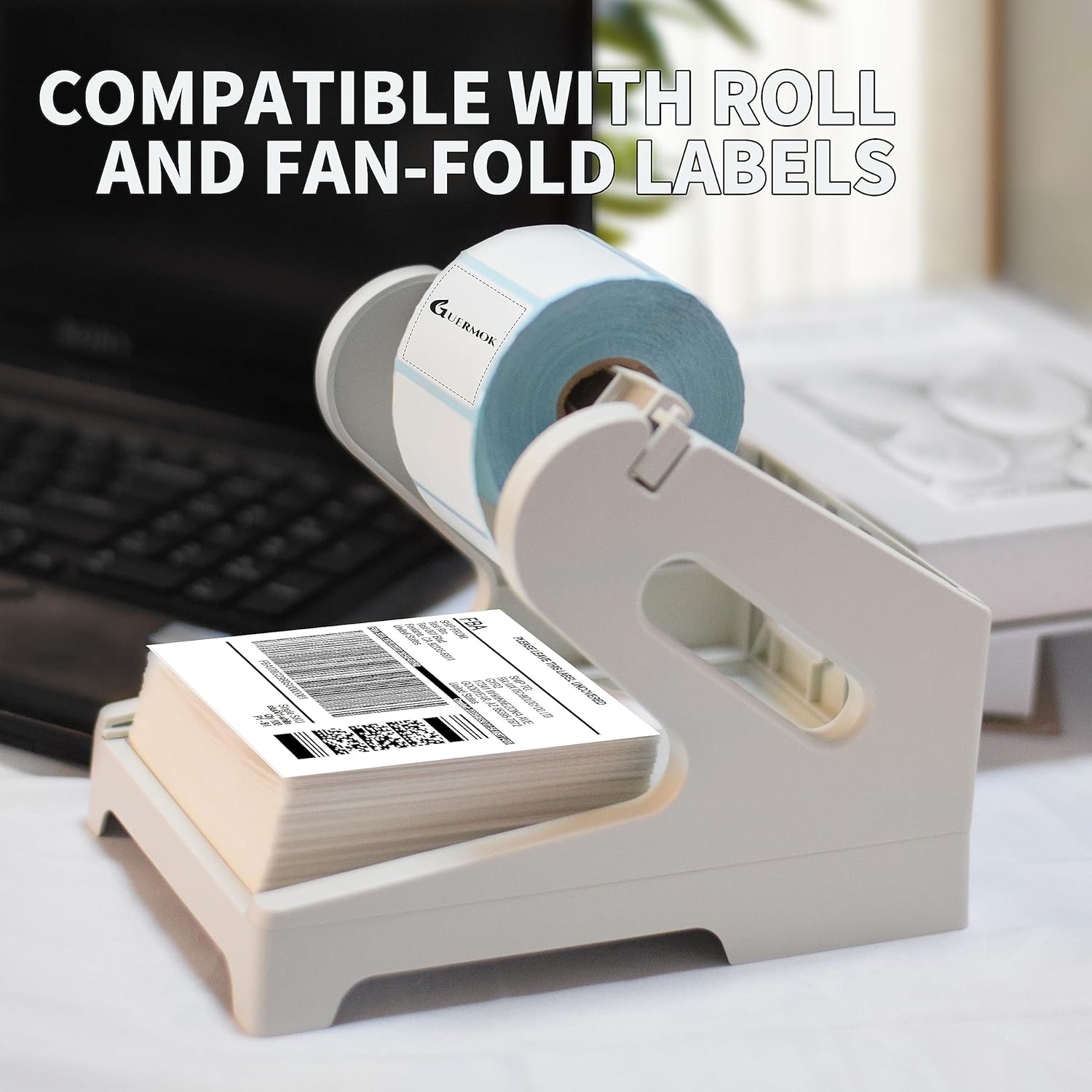 Guermok Thermal Shipping Label Holder for Rolls & Fan-Fold, Fragile Stickers for Shipping, Label Stand Desktop Printer Holder-Home Office Accessory Sticker Dispenser for Holographic (Gray)