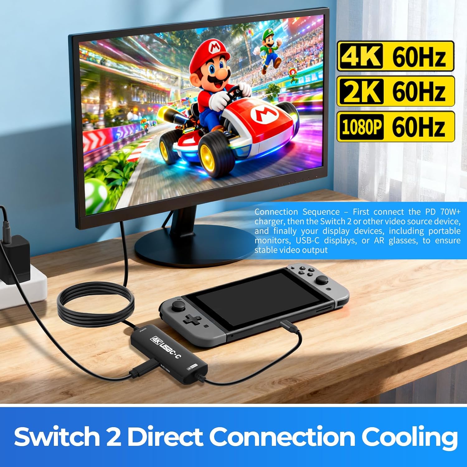 Guermok TV Dock Cable for Switch 2, 6.56ft USBC to USB C Video Adapter with PD 100W Charging, Compatible with AR Glasses, Portable Monitors, USB-C Displays, and Studio Display