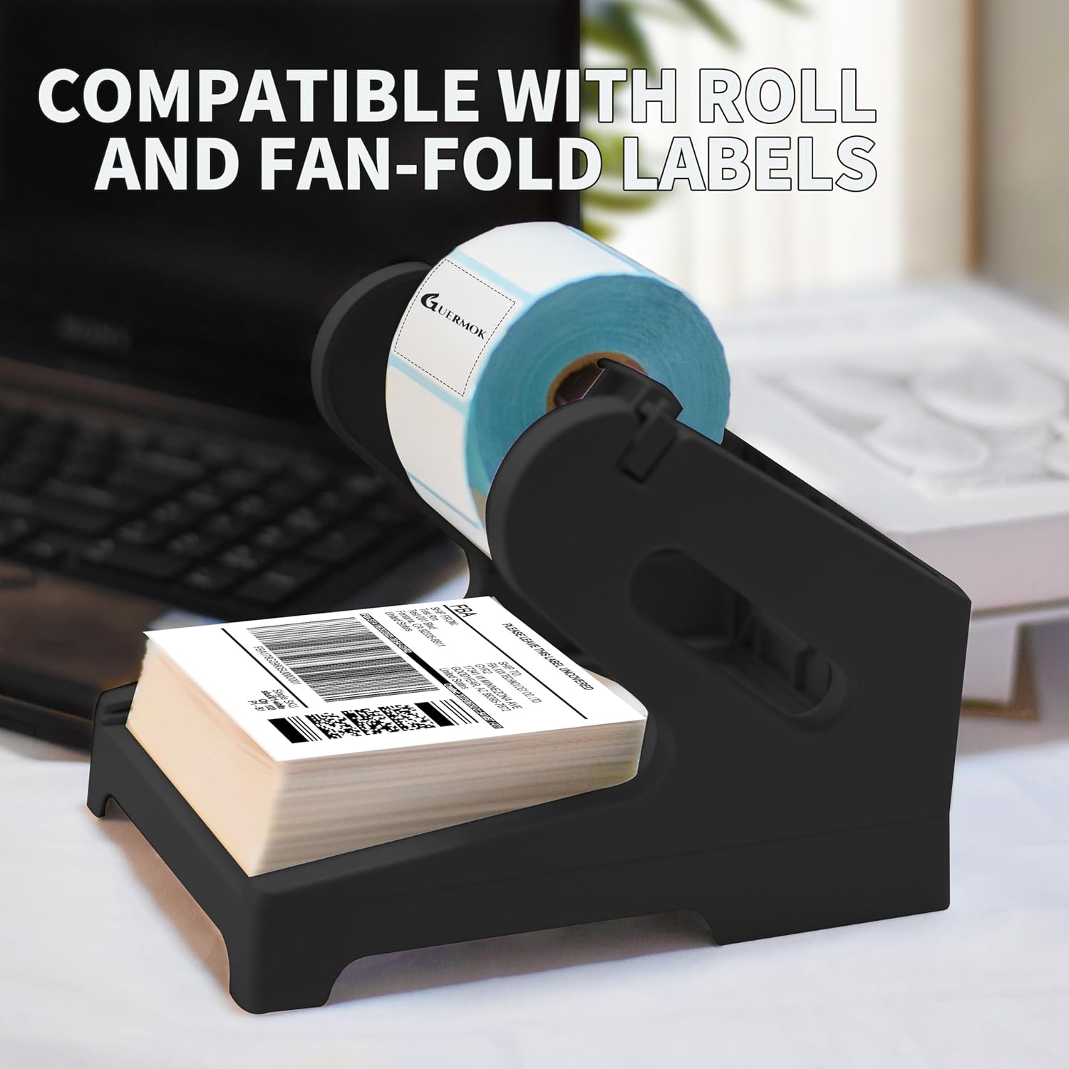 Guermok Thermal Shipping Label Holder for Rolls & Fan-Fold, Fragile Stickers for Shipping, Label Stand Desktop Printer Holder-Home Office Accessory Sticker Dispenser for Holographic (Gray)
