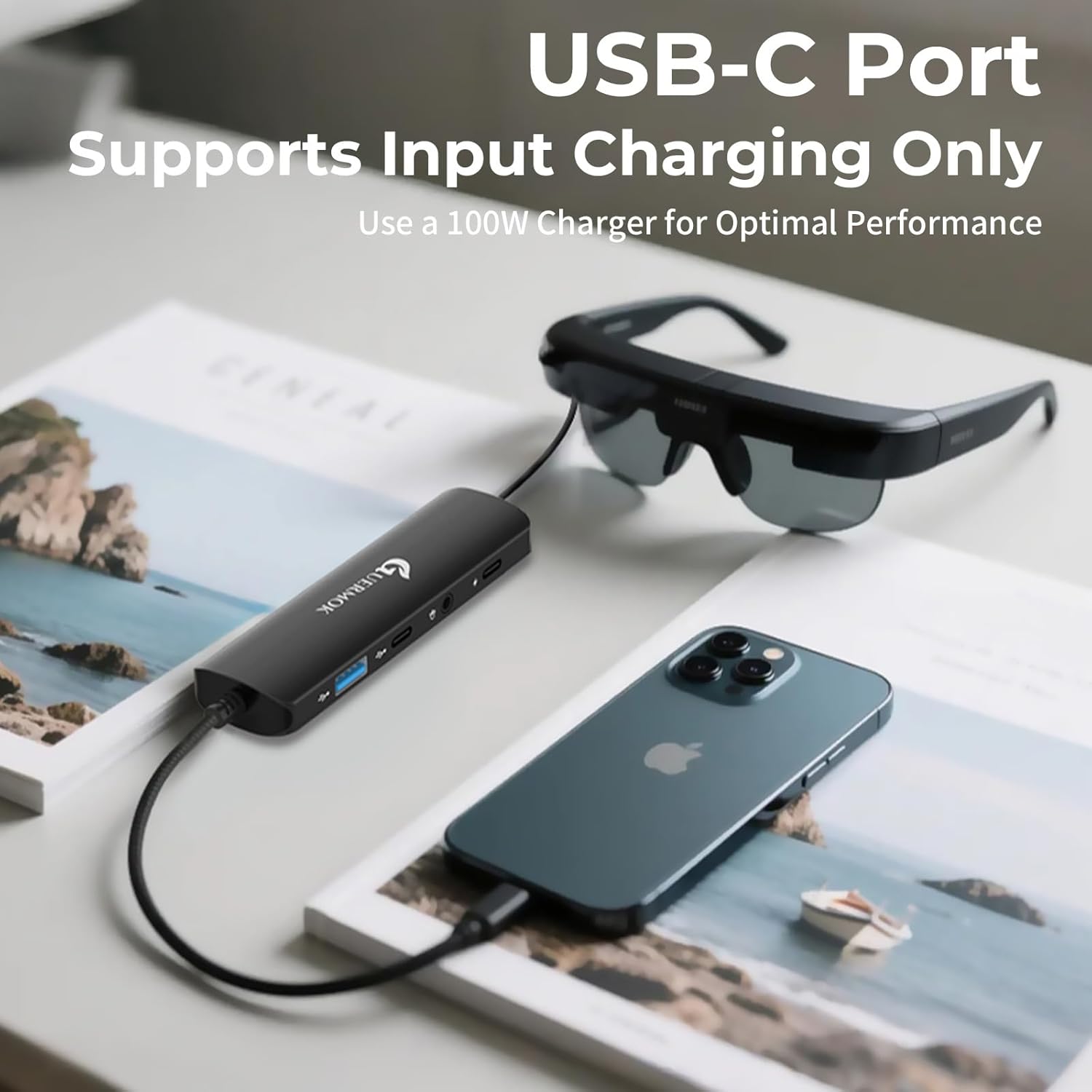 Guermok 5-in-1 USB-C to AR Glasses Adapter, 100W PD Fast Charging, 8K@60Hz Video, USB/USB-C Ports – Works with AR Glasses Devices, Handheld Consoles, Switch, USBC Phones and Laptops, Black