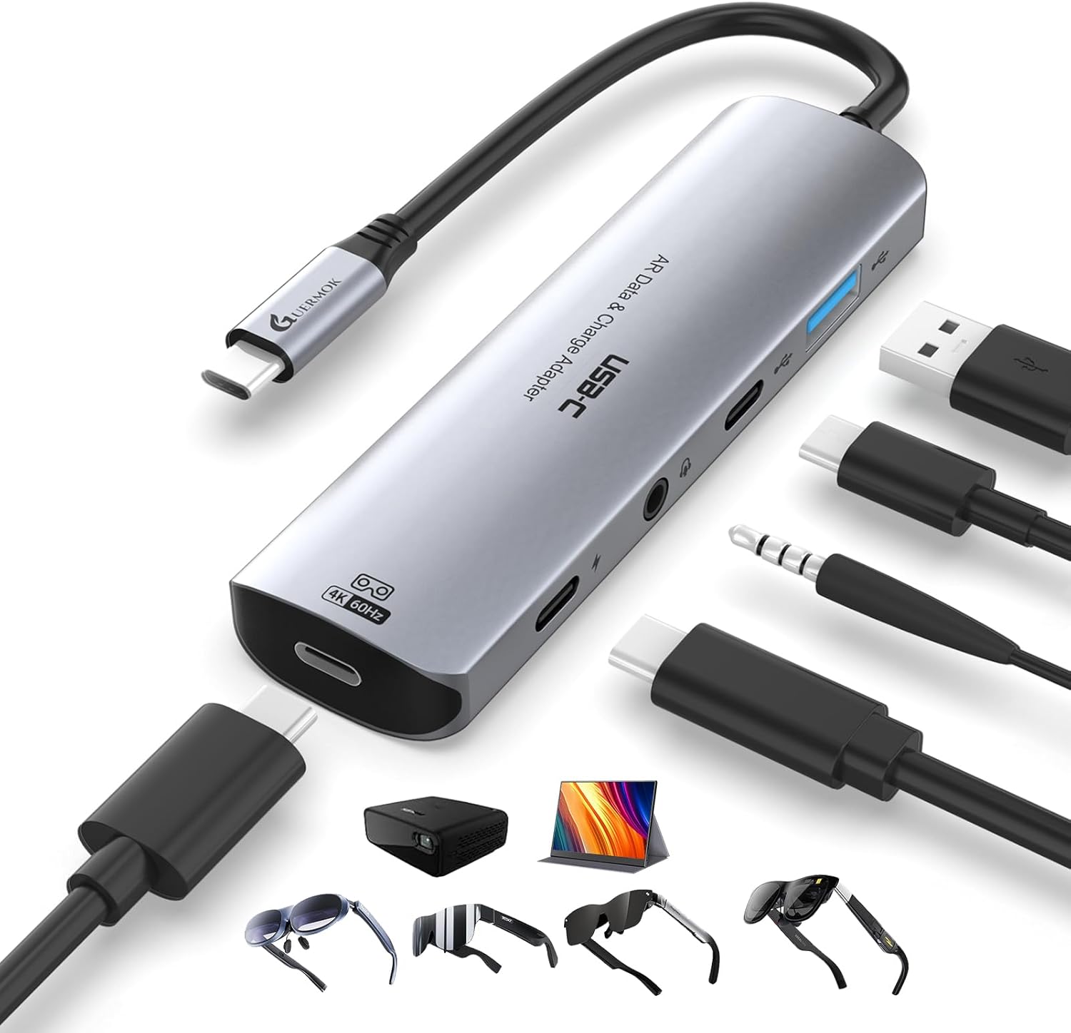 Guermok 5-in-1 USB-C to AR Glasses Adapter, 100W PD Fast Charging, 8K@60Hz Video, USB/USB-C Ports – Works with AR Glasses Devices, Handheld Consoles, Switch, USBC Phones and Laptops, Black