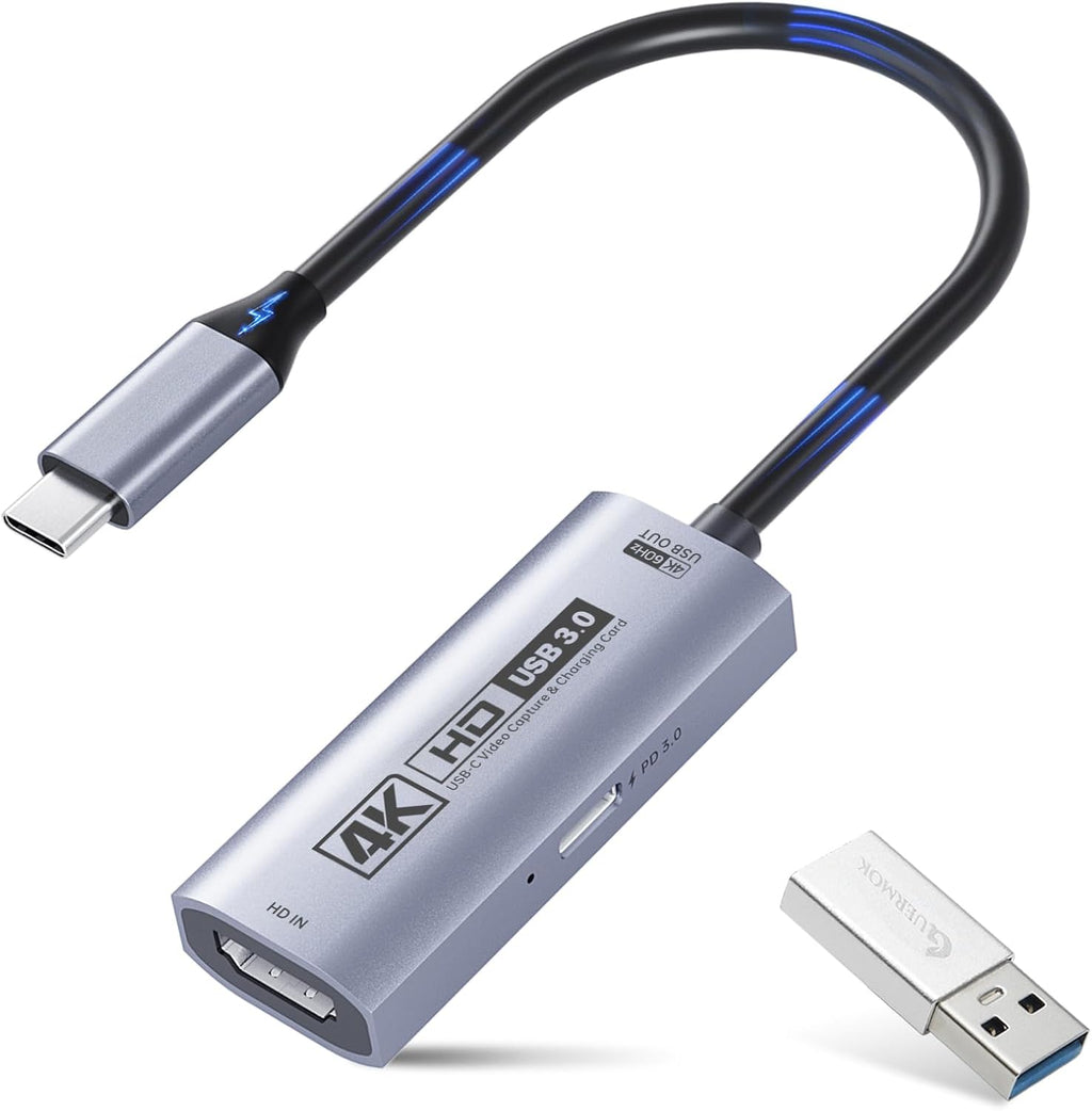 Guermok 4K USB3.0 Video Capture Card with PD 100W, 2K@30FPS or 1080P@60FPS HDMI to USB-A/C Capture Card for Streaming, Works with iPad Quest 3, Mac OS, Switch2/1 PS5/4, Xbox, Camera, Black