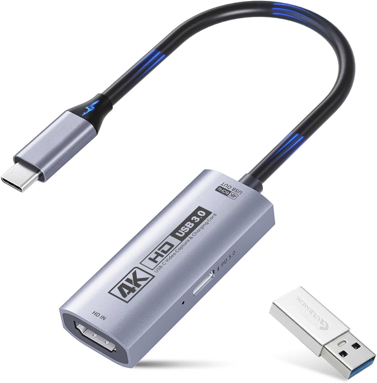 Guermok 4K USB3.0 Video Capture Card with PD 100W, 2K@30FPS or 1080P@60FPS HDMI to USB-A/C Capture Card for Streaming, Works with iPad Quest 3, Mac OS, Switch2/1 PS5/4, Xbox, Camera, Black