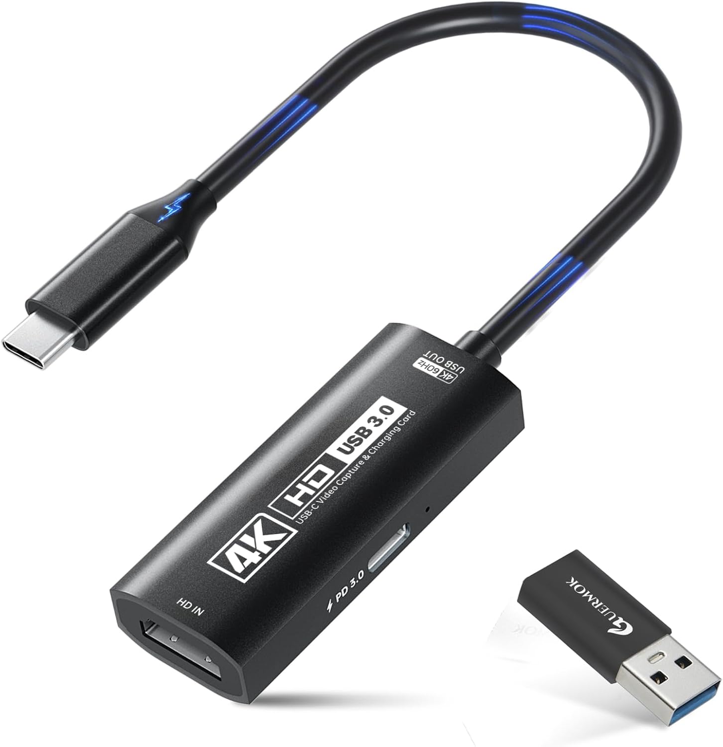 Guermok 4K USB3.0 Video Capture Card with PD 100W, 2K@30FPS or 1080P@60FPS HDMI to USB-A/C Capture Card for Streaming, Works with iPad Quest 3, Mac OS, Switch2/1 PS5/4, Xbox, Camera, Black