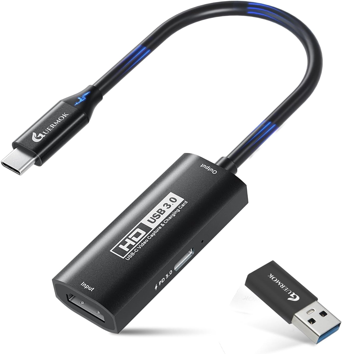 Guermok 4K USB3.0 Video Capture Card with PD 100W, 2K@30FPS or 1080P@60FPS HDMI to USB-A/C Capture Card for Streaming, Works with iPad Quest 3, Mac OS, Switch2/1 PS5/4, Xbox, Camera, Black