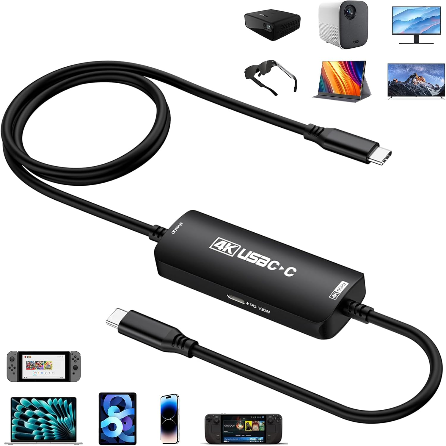 Guermok TV Dock Cable for Switch 2, 6.56ft USBC to USB C Video Adapter with PD 100W Charging, Compatible with AR Glasses, Portable Monitors, USB-C Displays, and Studio Display