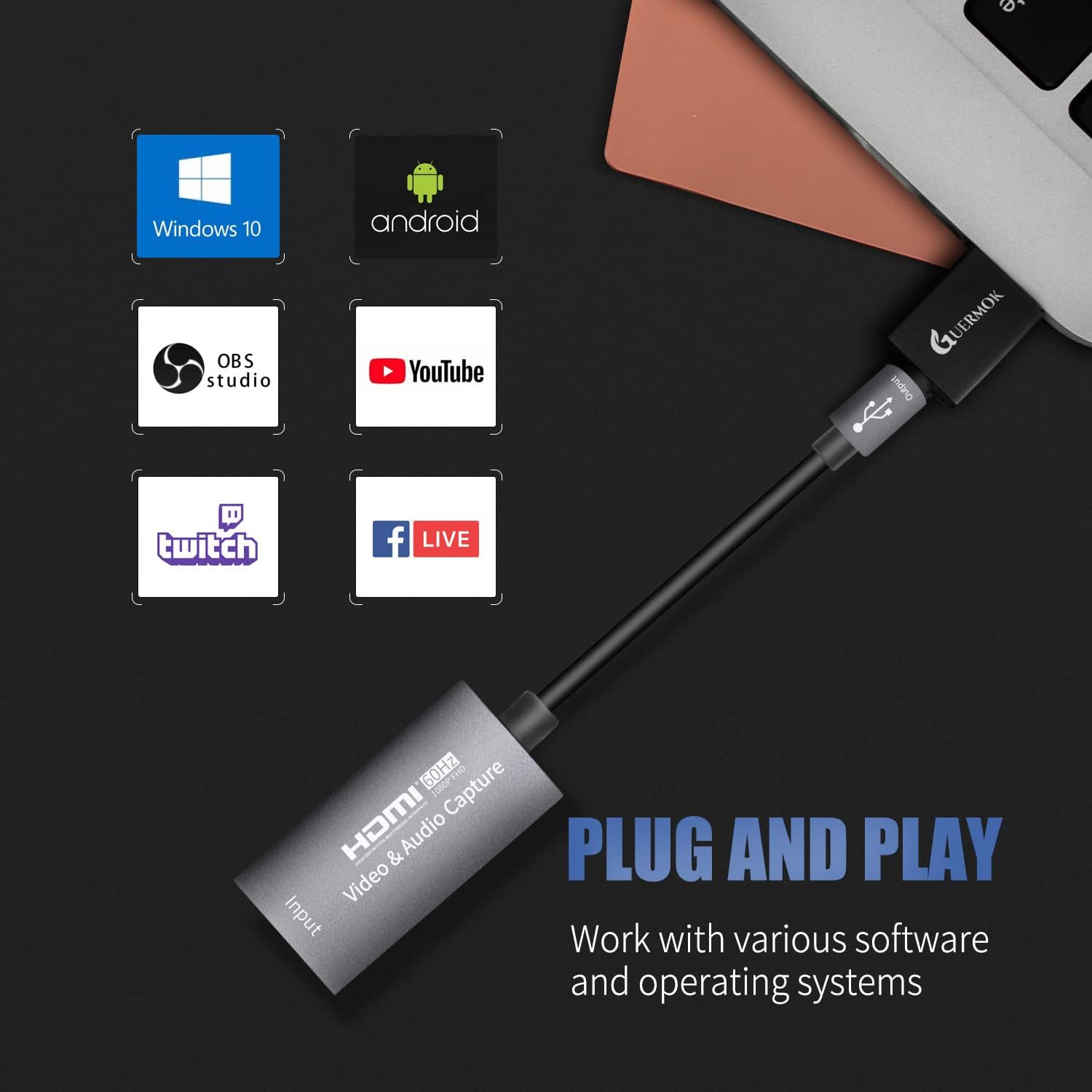 Guermok Video Capture Card, USB 3.0 HDMI to USB C Audio Capture Card, 4K 1080p60fps Capture Devices for Gaming Live Streaming Video Recorder, Works for Windows Mac OS System for Switch, Xbox