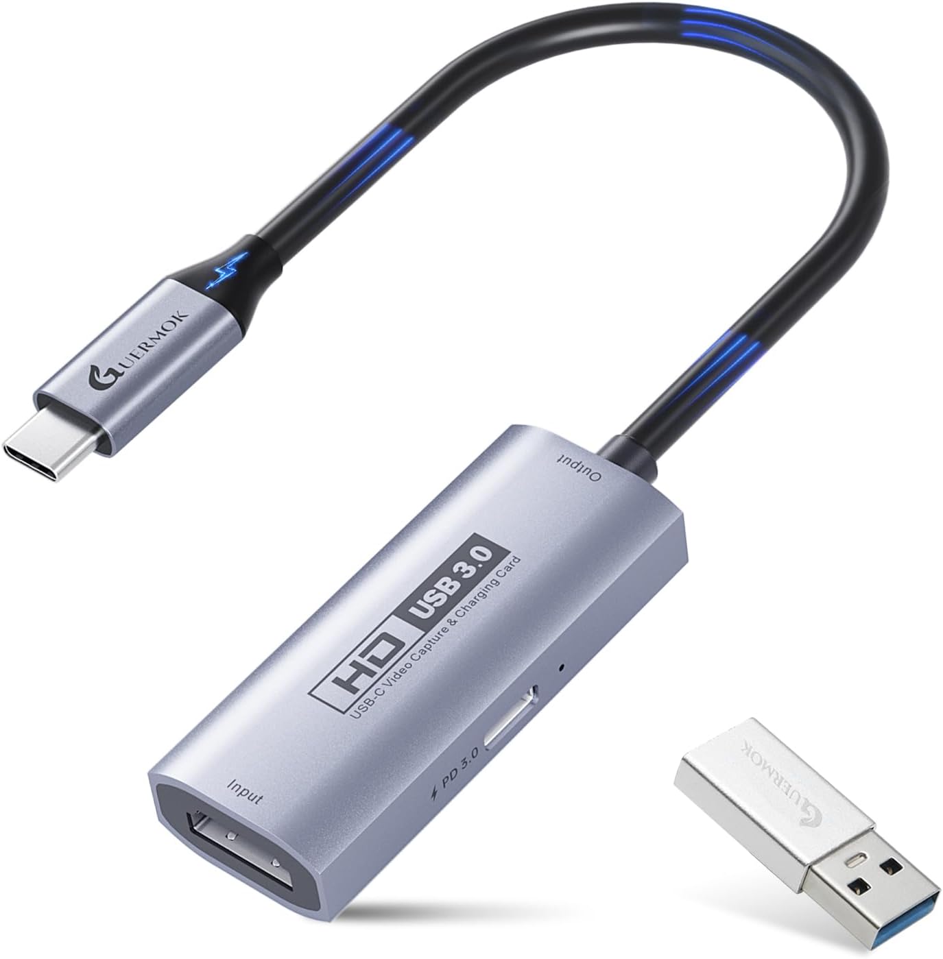 Guermok 4K USB3.0 Video Capture Card with PD 100W, 2K@30FPS or 1080P@60FPS HDMI to USB-A/C Capture Card for Streaming, Works with iPad Quest 3, Mac OS, Switch2/1 PS5/4, Xbox, Camera, Black