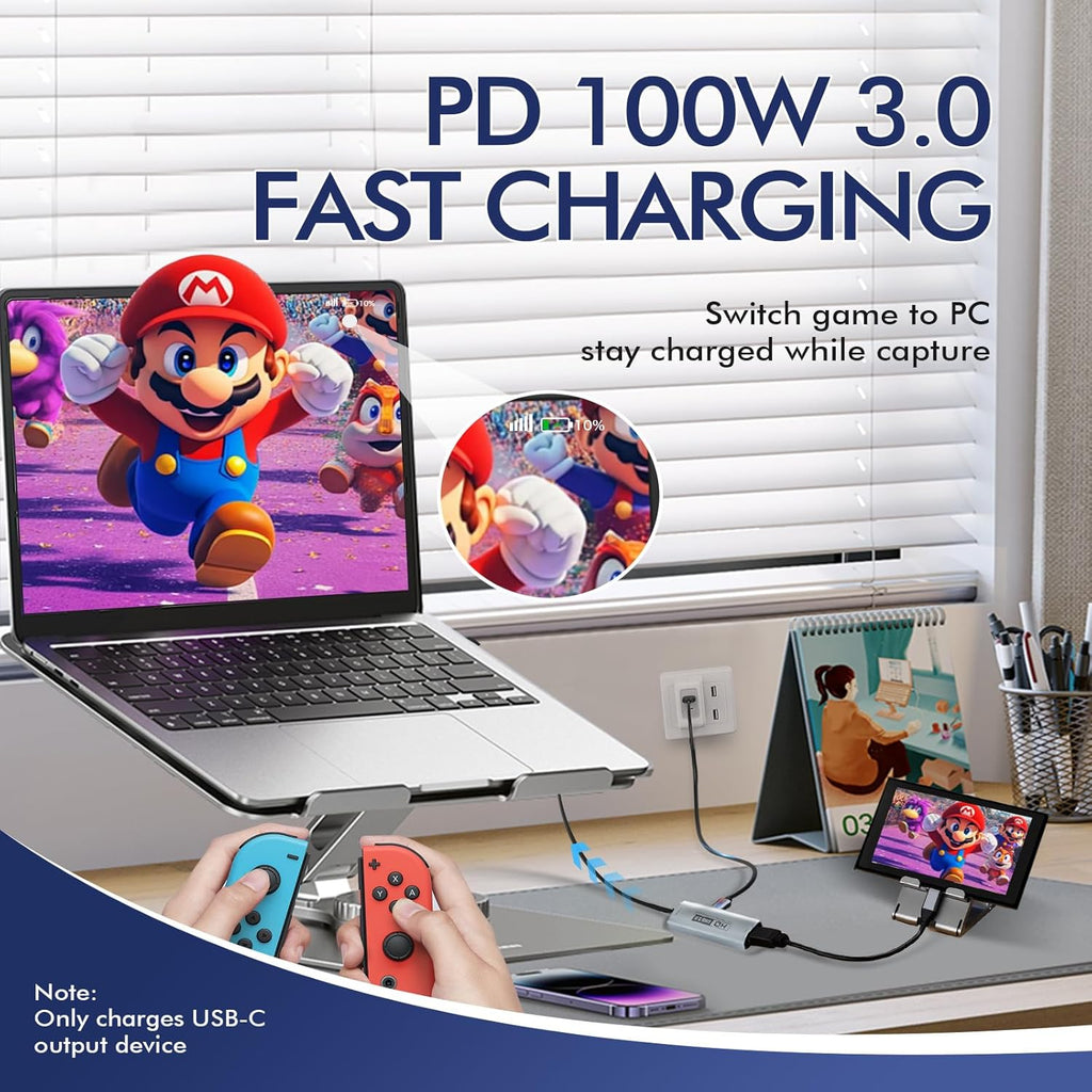 Guermok USB3.0 Video Capture Card for Streaming, PD100W, 90° USBC & Type C Adapter, 3.3ft 2K@30FPS 1080P@60FPS HDMI to USB A/C Capture Devices for Oculus /Quest3 /iPad/MacOS/Switch /PS5/4