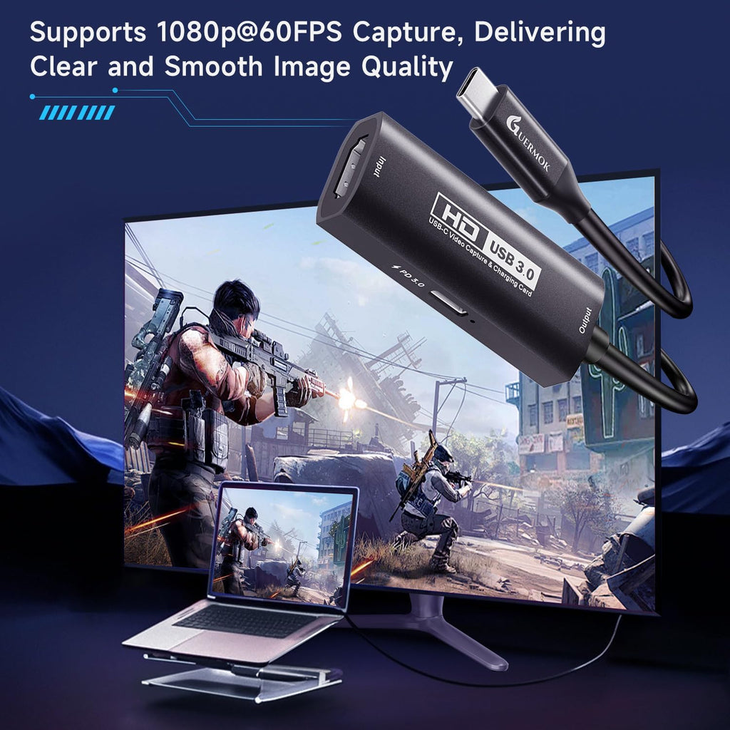 Guermok USB3.0 Video Capture Card for Streaming, PD100W, 90° USBC & Type C Adapter, 3.3ft 2K@30FPS 1080P@60FPS HDMI to USB A/C Capture Devices for Oculus /Quest3 /iPad/MacOS/Switch /PS5/4
