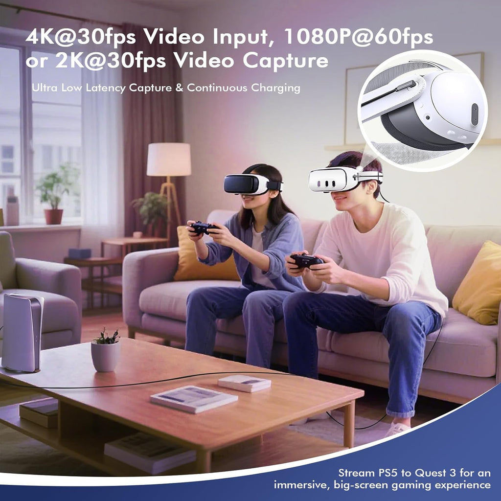 Guermok USB3.0 Video Capture Card for Streaming, PD100W, 90° USBC & Type C Adapter, 3.3ft 2K@30FPS 1080P@60FPS HDMI to USB A/C Capture Devices for Oculus /Quest3 /iPad/MacOS/Switch /PS5/4