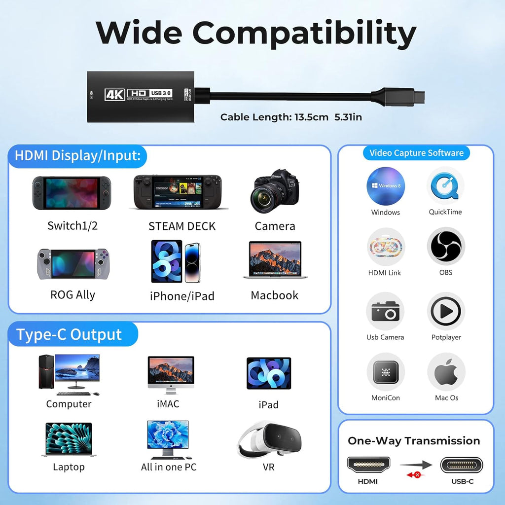 Guermok USB3.0 Video Capture Card for Streaming, PD100W, 90° USBC & Type C Adapter, 3.3ft 2K@30FPS 1080P@60FPS HDMI to USB A/C Capture Devices for Oculus /Quest3 /iPad/MacOS/Switch /PS5/4