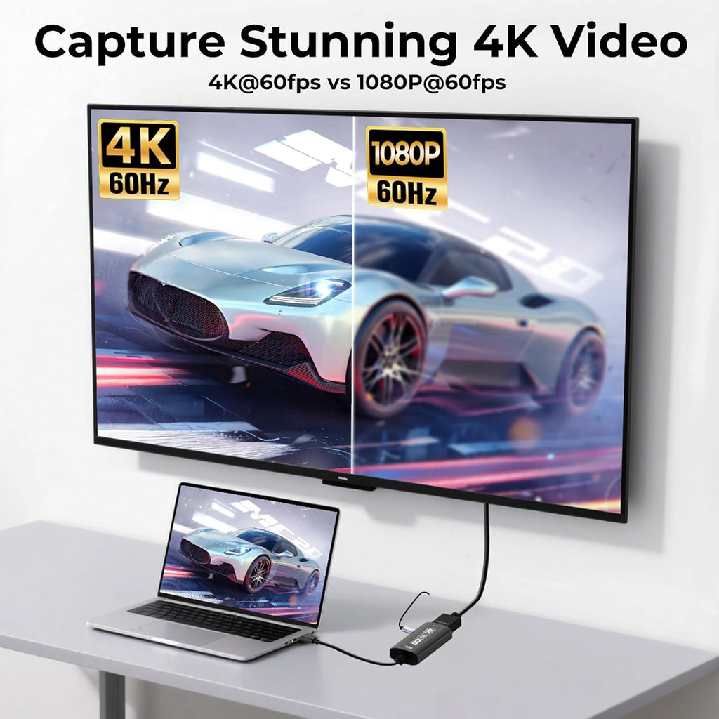 Guermok USB3.0 Video Capture Card for Streaming, PD100W, 90° USBC & Type C Adapter, 3.3ft 2K@30FPS 1080P@60FPS HDMI to USB A/C Capture Devices for Oculus /Quest3 /iPad/MacOS/Switch /PS5/4