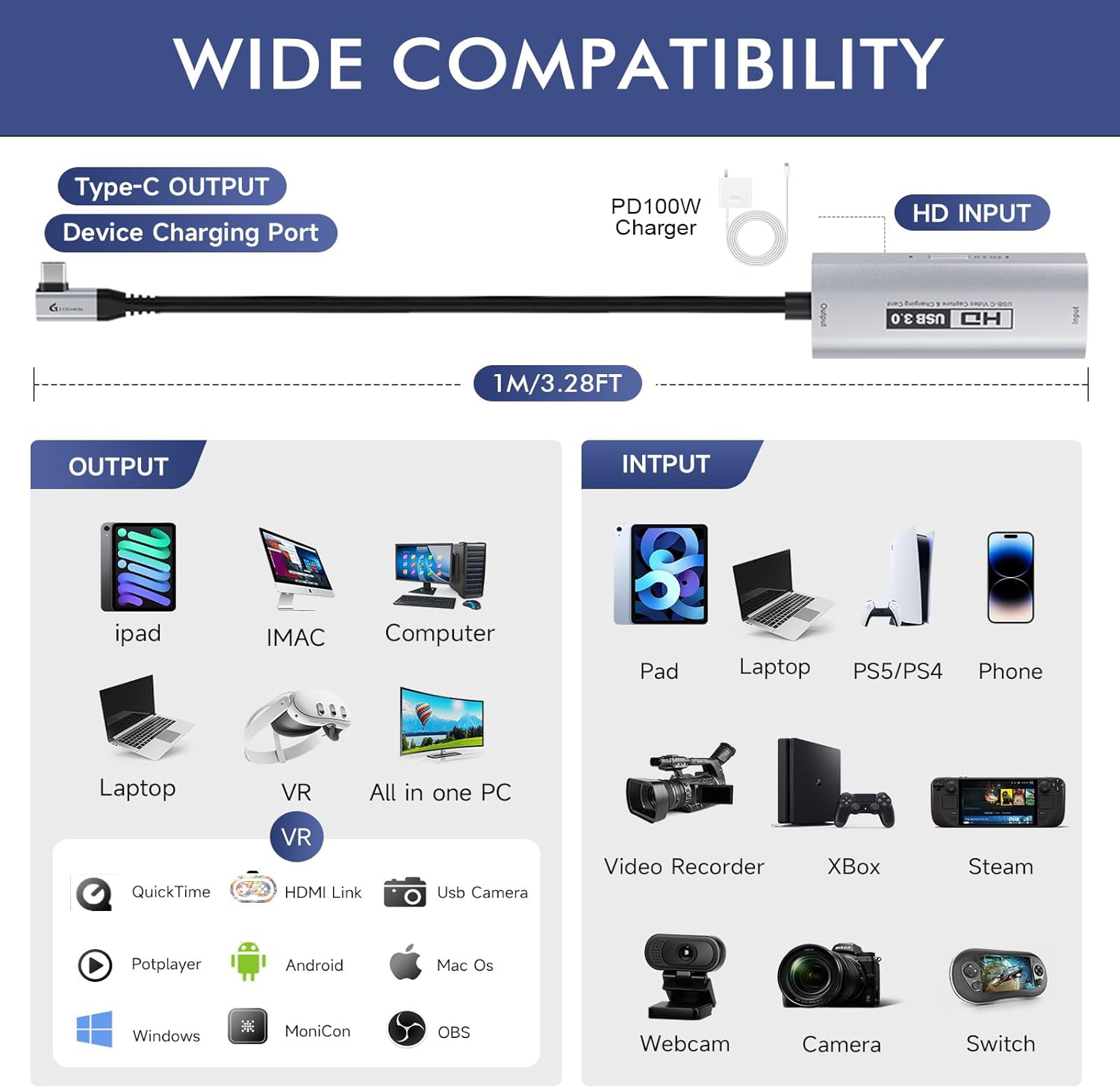 Guermok USB3.0 Video Capture Card for Streaming, PD100W, 90° USBC & Type C Adapter, 3.3ft 2K@30FPS 1080P@60FPS HDMI to USB A/C Capture Devices for Oculus /Quest3 /iPad/MacOS/Switch /PS5/4