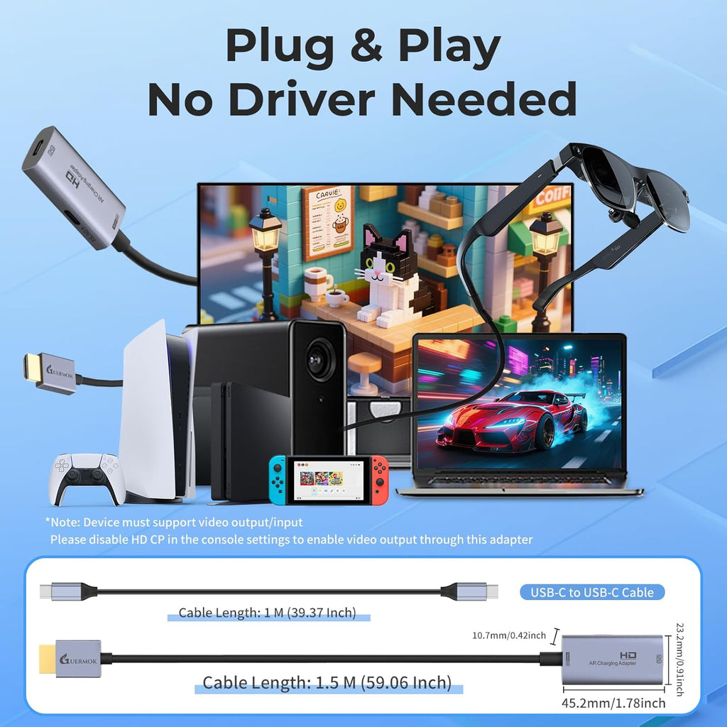 Guermok AR Glasses HDMI to USB-C Display Adapter, 4K@60Hz Play and Charge XR Converter with DC 5V, for XREAL One/Air 2 Pro/RayNeo/Rokid, Steam, Switch 2/1, PS5/4, Portable Monitors (Sliver)