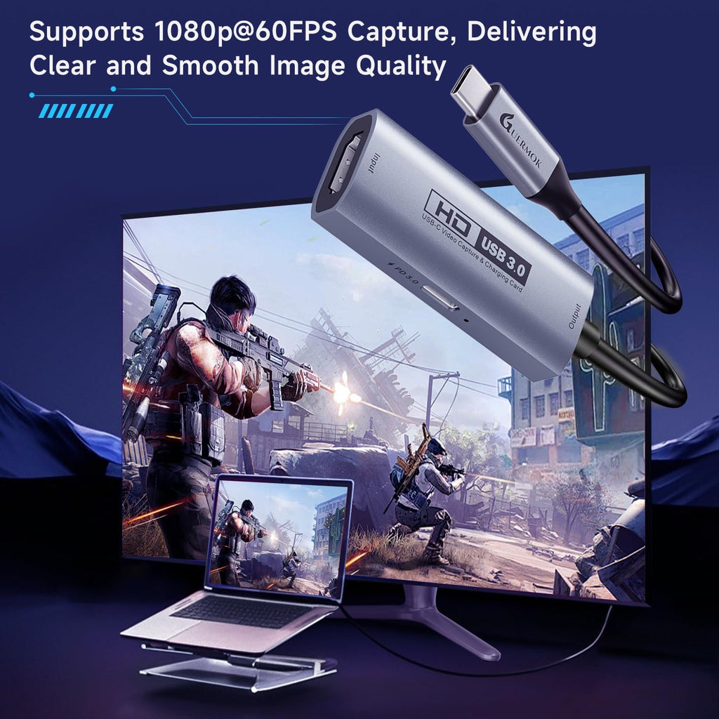 Guermok 4K USB3.0 Video Capture Card with PD 100W, 2K@30FPS or 1080P@60FPS HDMI to USB-A/C Capture Card for Streaming, Works with iPad Quest 3, Mac OS, Switch2/1 PS5/4, Xbox, Camera, Black