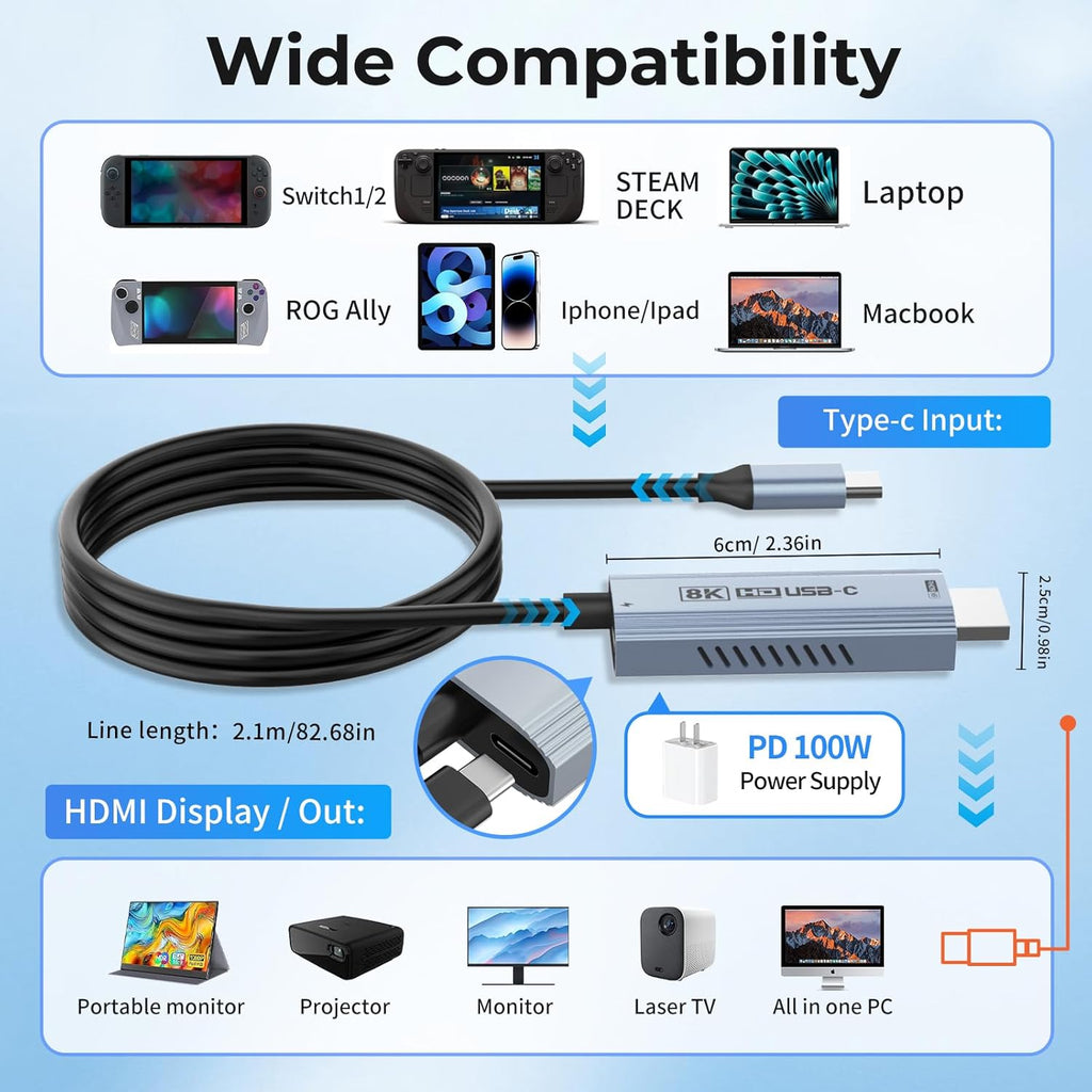 Guermok TV Mode Projection Cable for Switch 2, 67in, USB-C to HDMI Cable with HDR & ALLM, Supports 8K@60Hz, 4K@144Hz Output, PD100W, Works with iPad, Capture Cards, TVs, Steam (Silver)