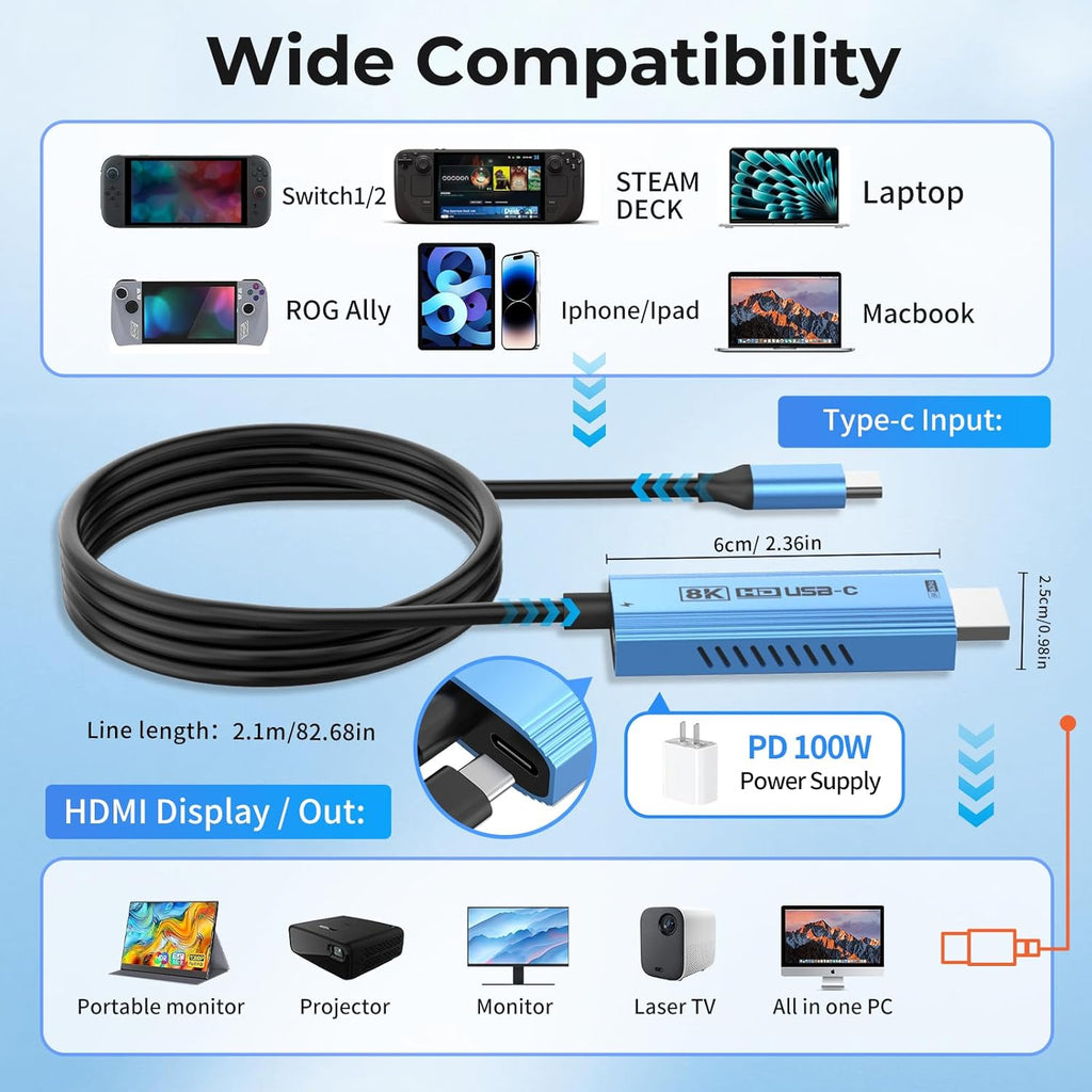 Guermok TV Mode Projection Cable for Switch 2, 67in, USB-C to HDMI Cable with HDR & ALLM, Supports 8K@60Hz, 4K@144Hz Output, PD100W, Works with iPad, Capture Cards, TVs, Steam (Silver)