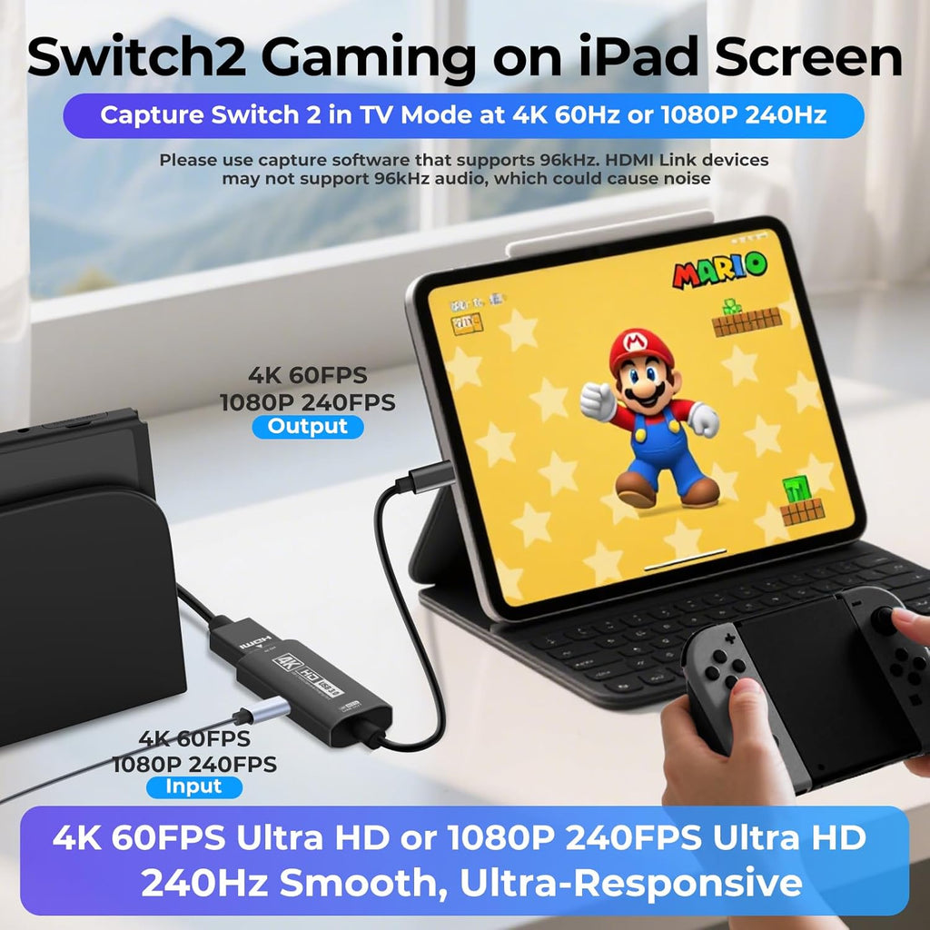 Guermok USB3.0 Video Capture Card for Streaming, PD100W, 90° USBC & Type C Adapter, 3.3ft 2K@30FPS 1080P@60FPS HDMI to USB A/C Capture Devices for Oculus /Quest3 /iPad/MacOS/Switch /PS5/4