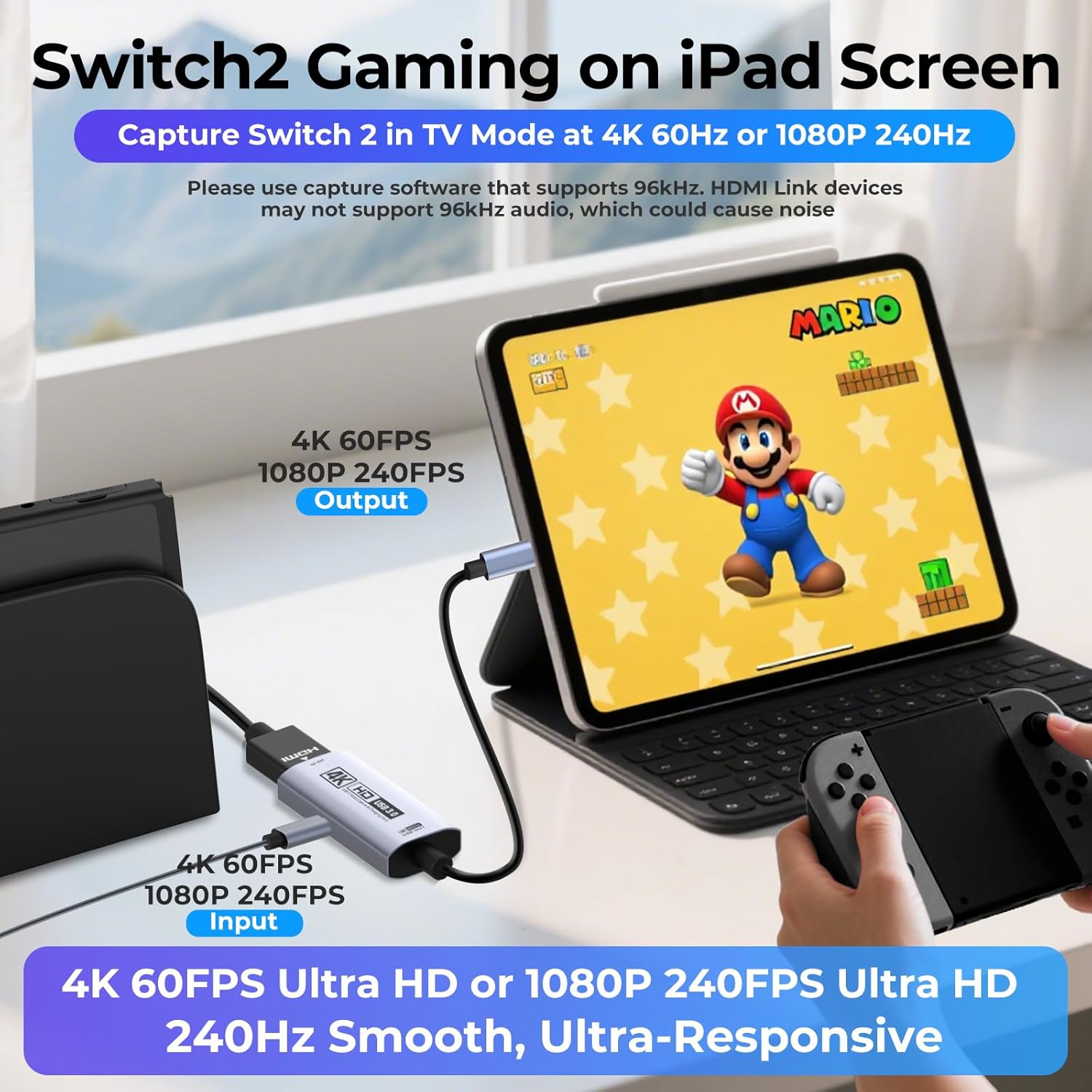 Guermok 4K USB3.0 Video Capture Card with PD 100W, 2K@30FPS or 1080P@60FPS HDMI to USB-A/C Capture Card for Streaming, Works with iPad Quest 3, Mac OS, Switch2/1 PS5/4, Xbox, Camera, Black