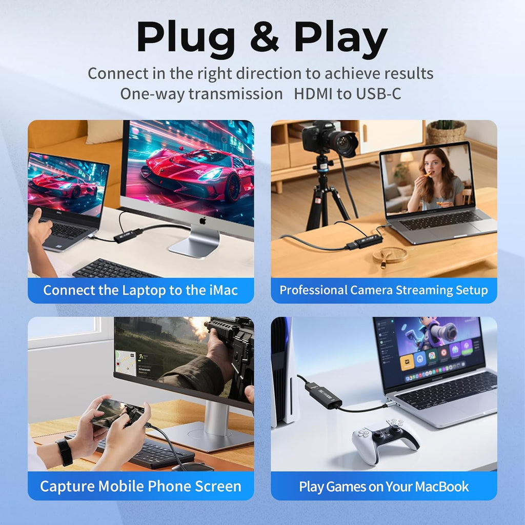 Guermok 4K USB3.0 Video Capture Card with PD 100W, 2K@30FPS or 1080P@60FPS HDMI to USB-A/C Capture Card for Streaming, Works with iPad Quest 3, Mac OS, Switch2/1 PS5/4, Xbox, Camera, Black