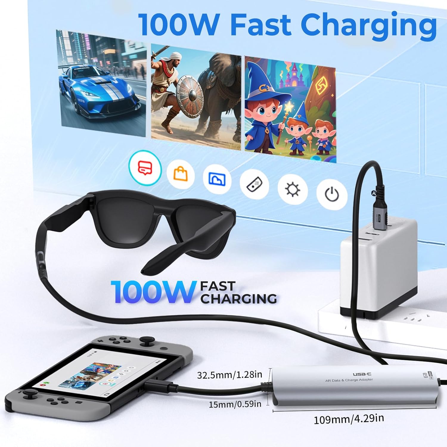 Guermok 5-in-1 USB-C to AR Glasses Adapter, 100W PD Fast Charging, 8K@60Hz Video, USB/USB-C Ports – Works with AR Glasses Devices, Handheld Consoles, Switch, USBC Phones and Laptops, Black